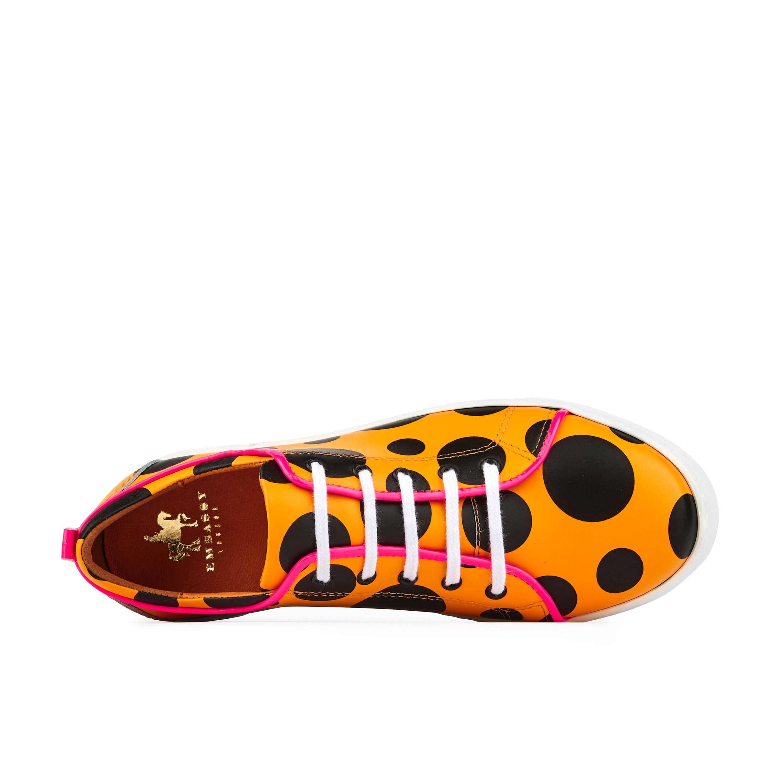 Camila - Orange Polka - Women's white platform sole leather trainer in polka dots