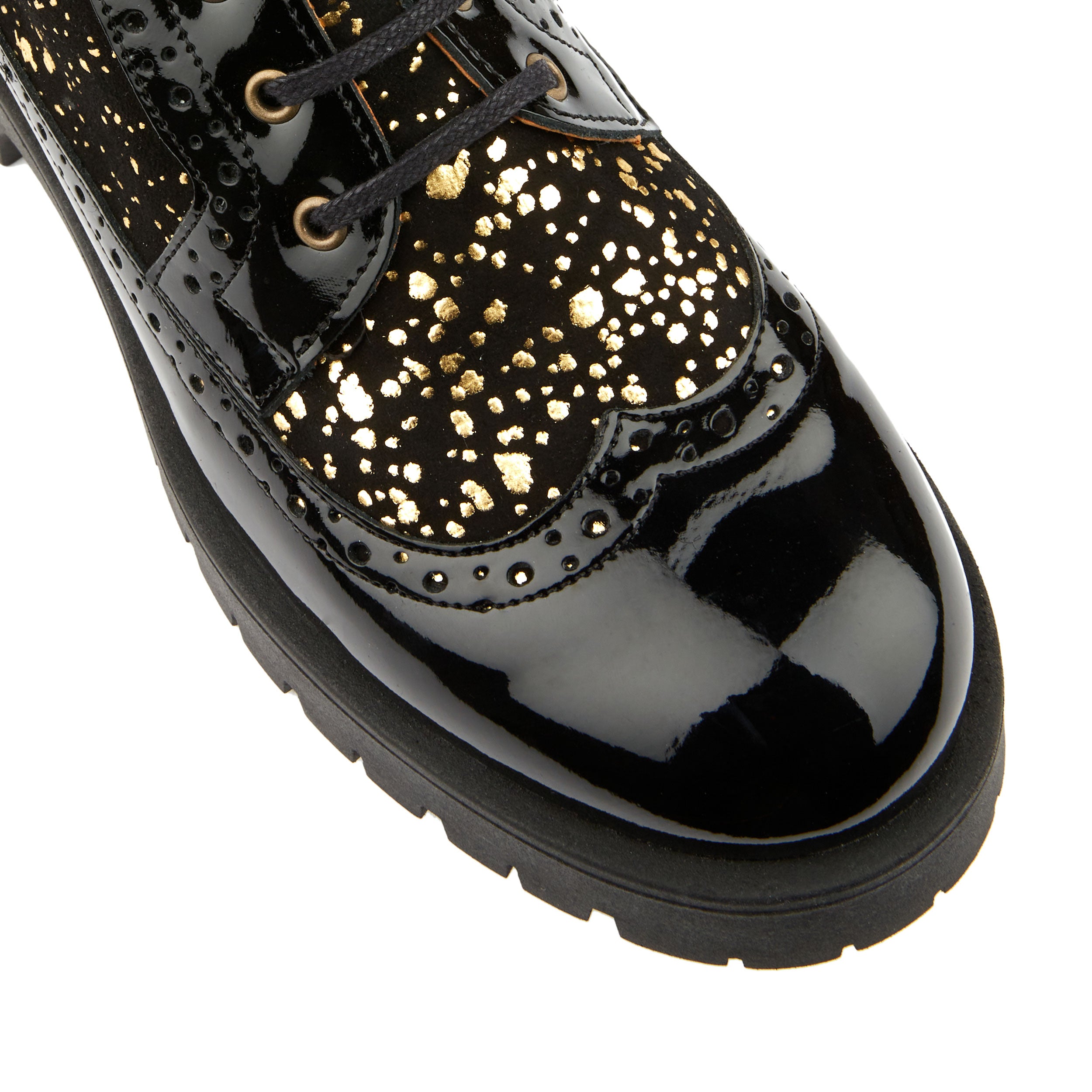 Hatter Platform - Drops - Women's ankle boot in golden paint drops on black leather