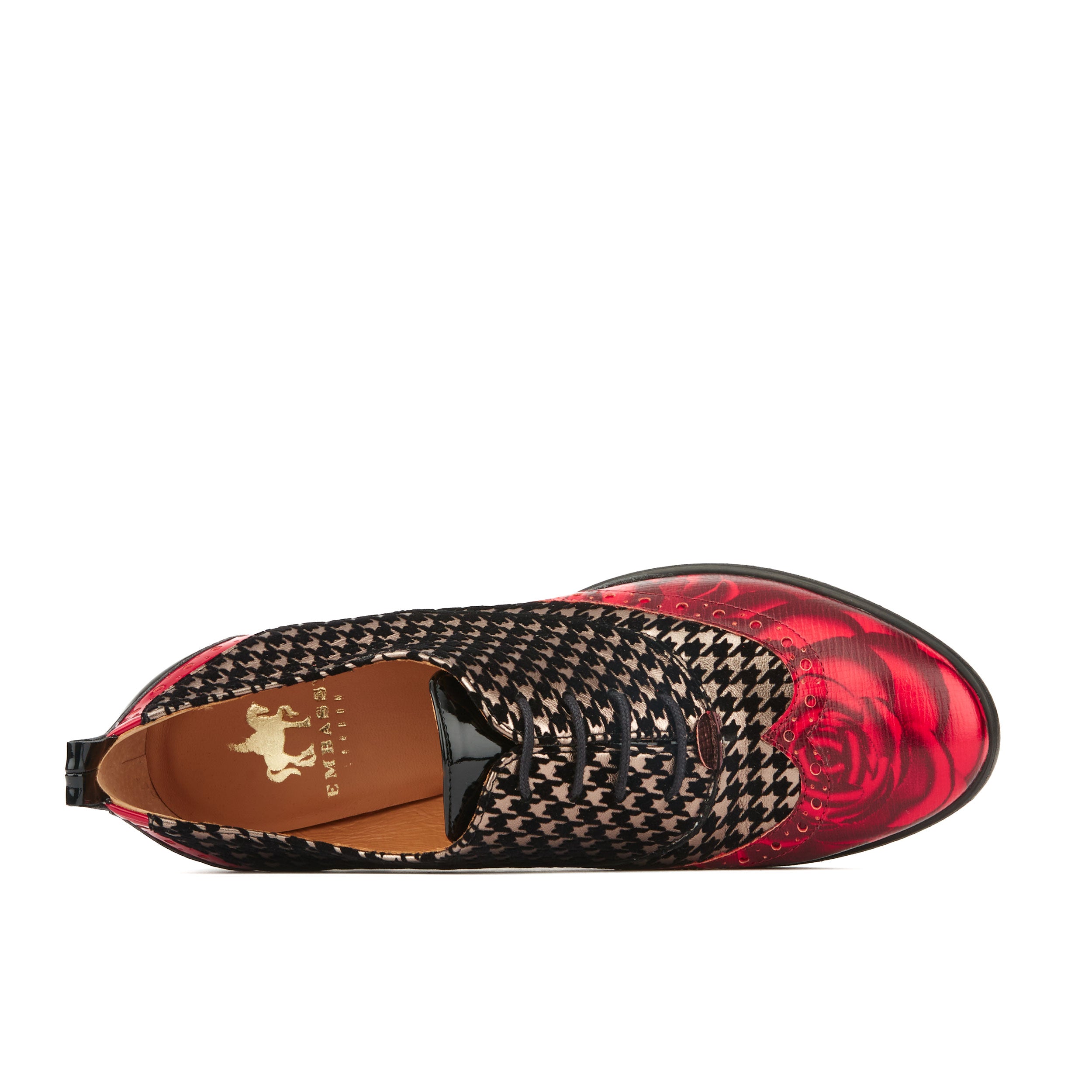 Casino - Red Houndstooth - Women's leather oxford pump in block heel with broguing