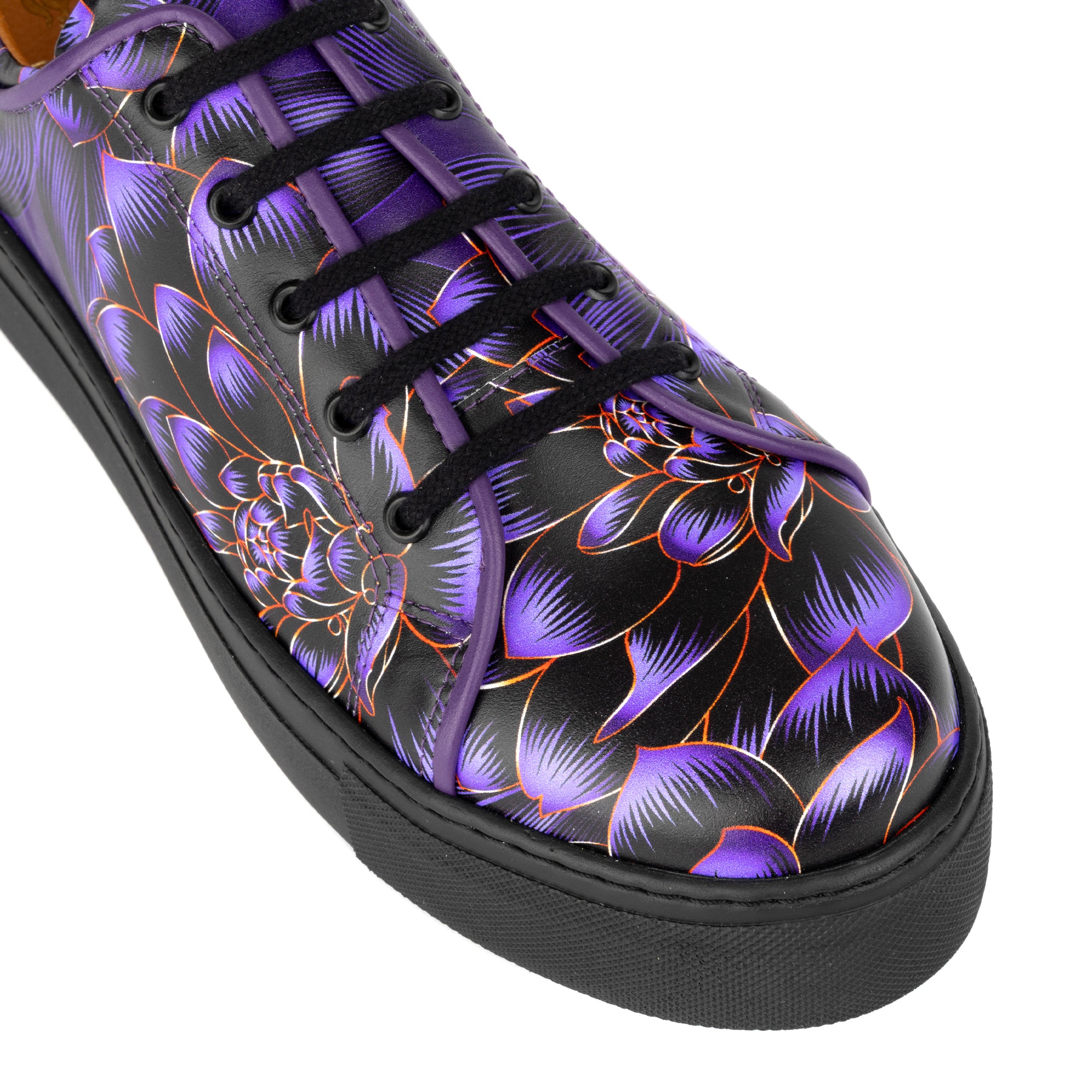 Camila - Purple Flower - Women's black sole leather trainer with padded insoles