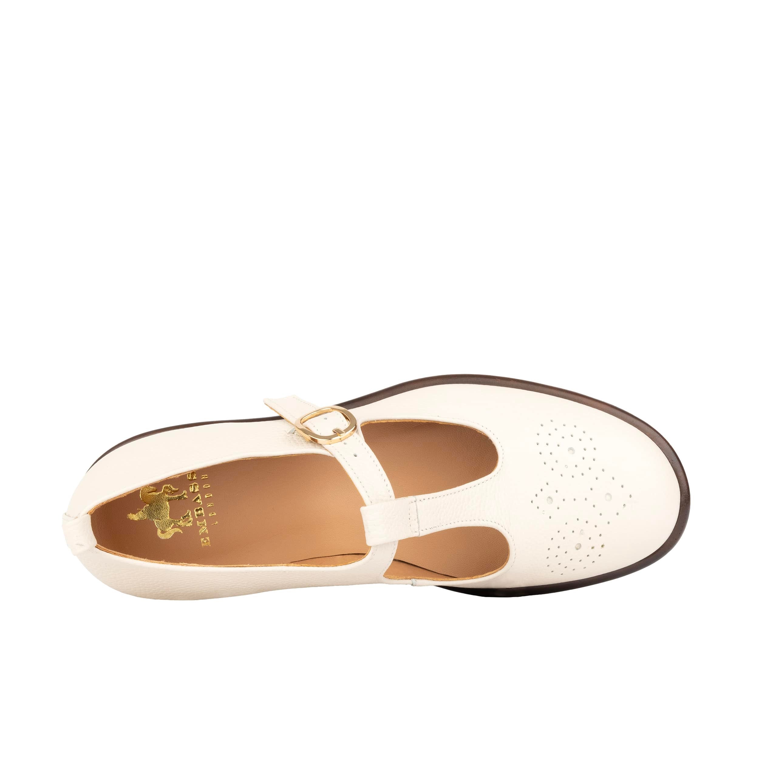Bloom - Cream - Women's Textured Leather T-Bar Shoe with Brogue Detail