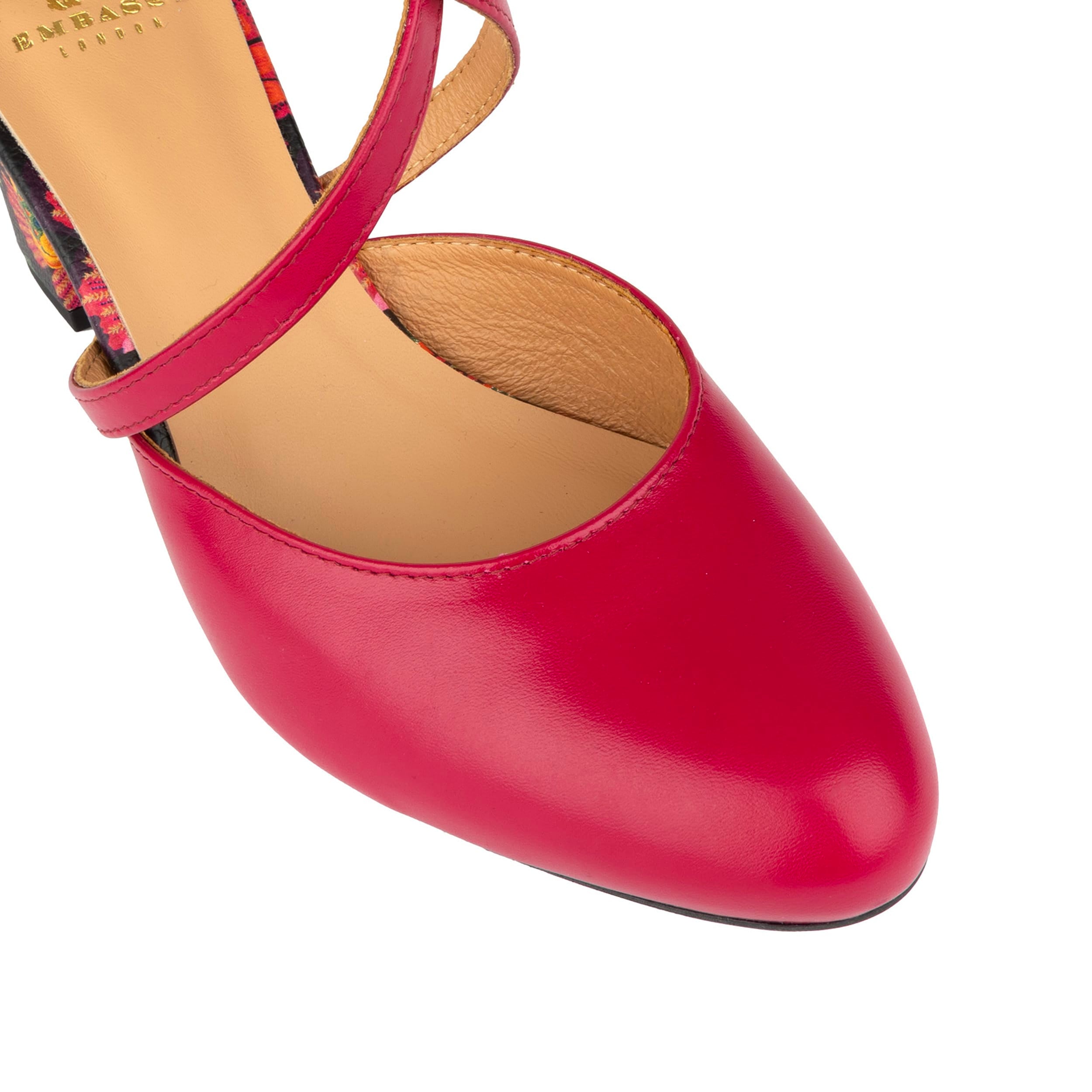 Kylie - Pink & Red Flowers - Women's leather strappy 3 inch block heel