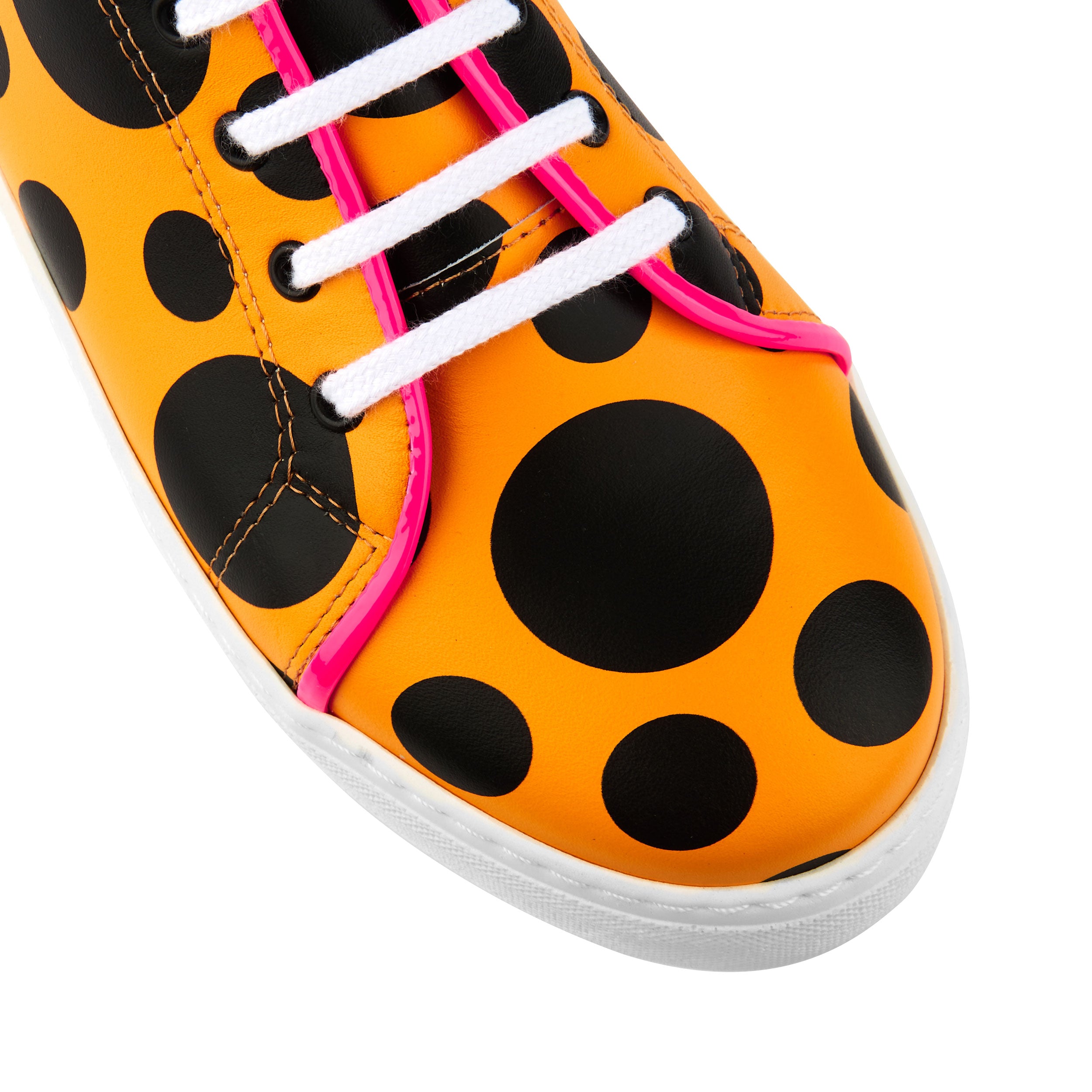 Camila - Orange Polka - Women's white platform sole leather trainer in polka dots