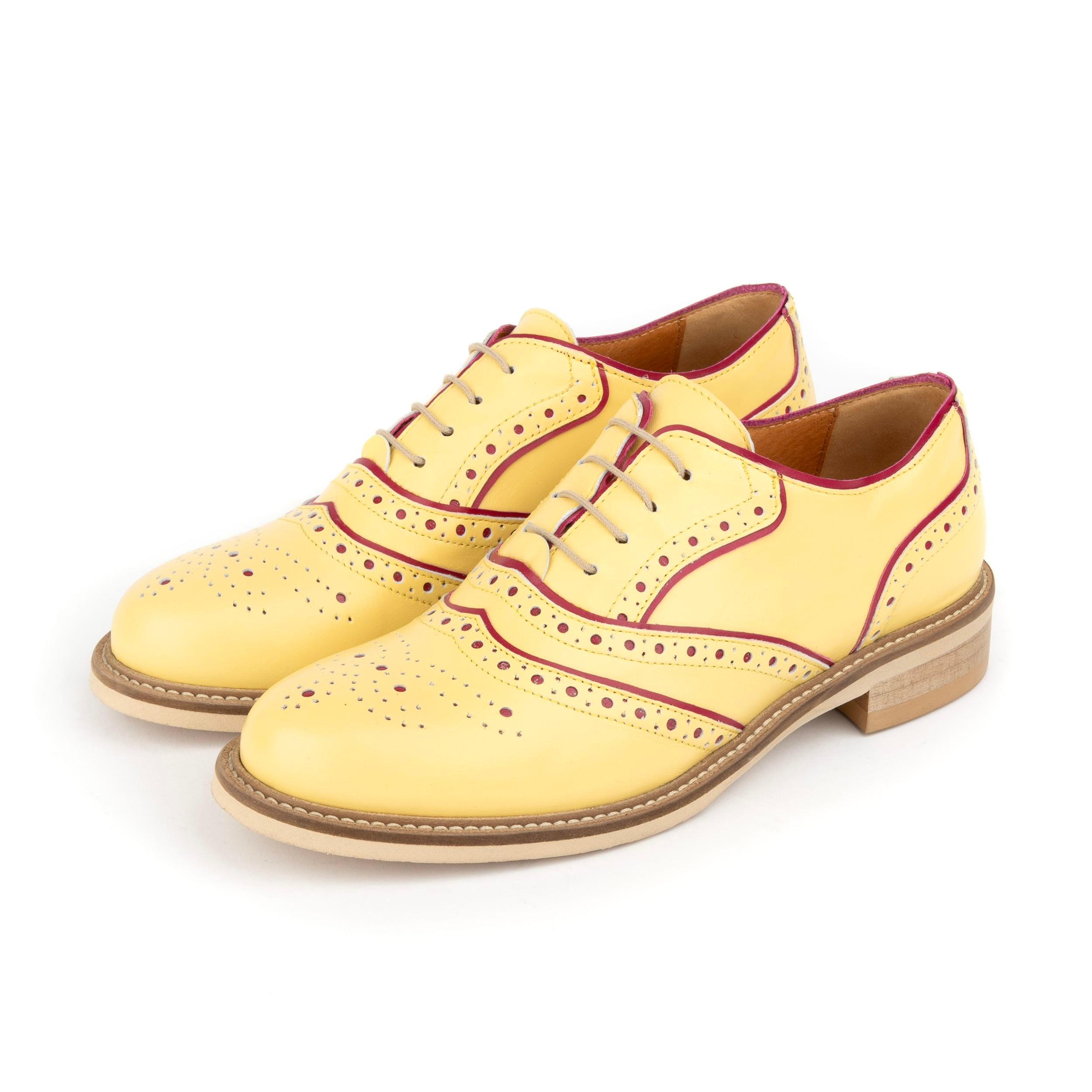 Brick Lane - Pastel Yellow - Women's contrast leather lace-up brogue