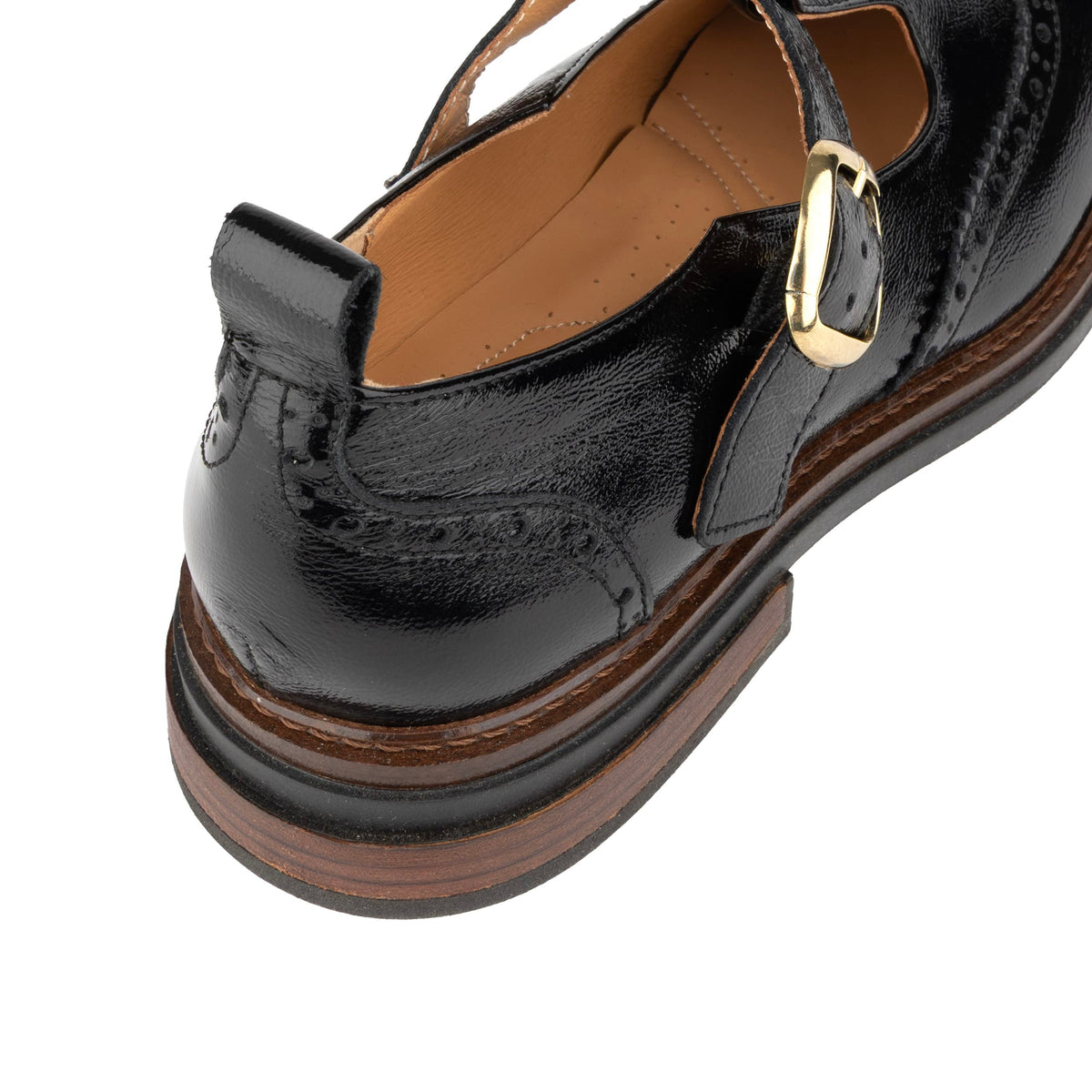 Miley - Black Women's Leather T-Bar Brogue Shoes