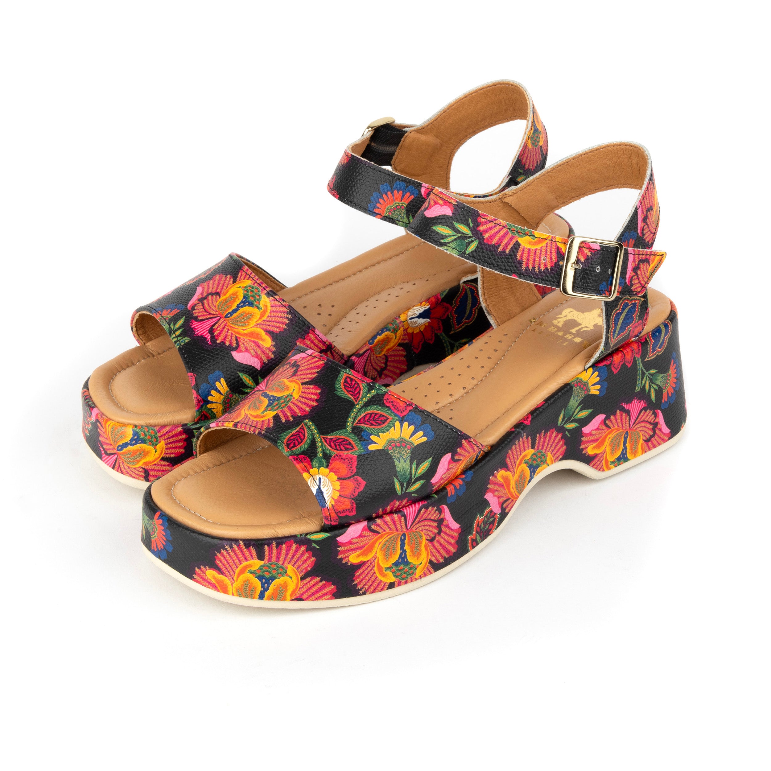 Palm Rise - Red Flowers - Women's Leather Platform Sandal