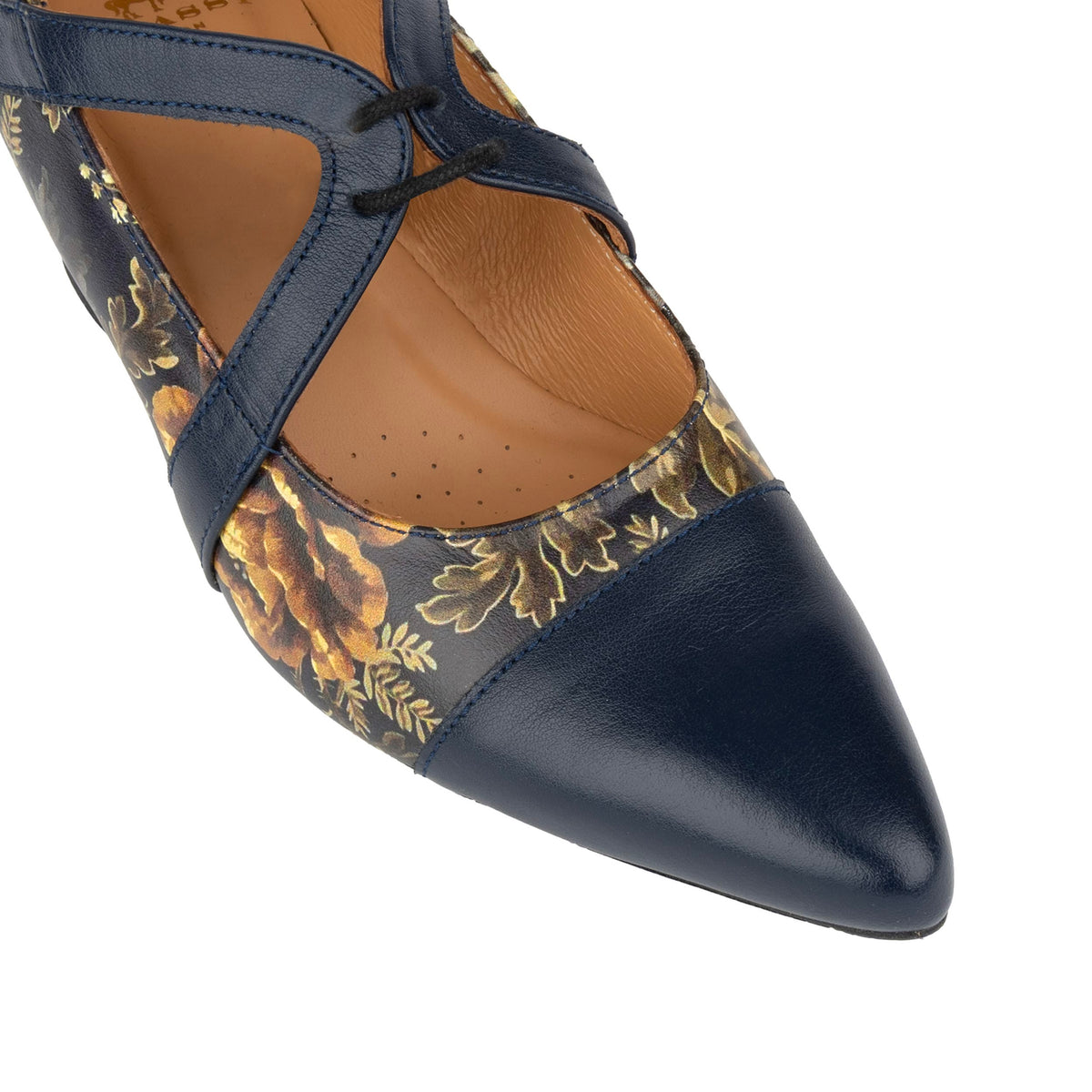Harlowe High - Navy & Autumn Bloom - Women's leather block heel pumps