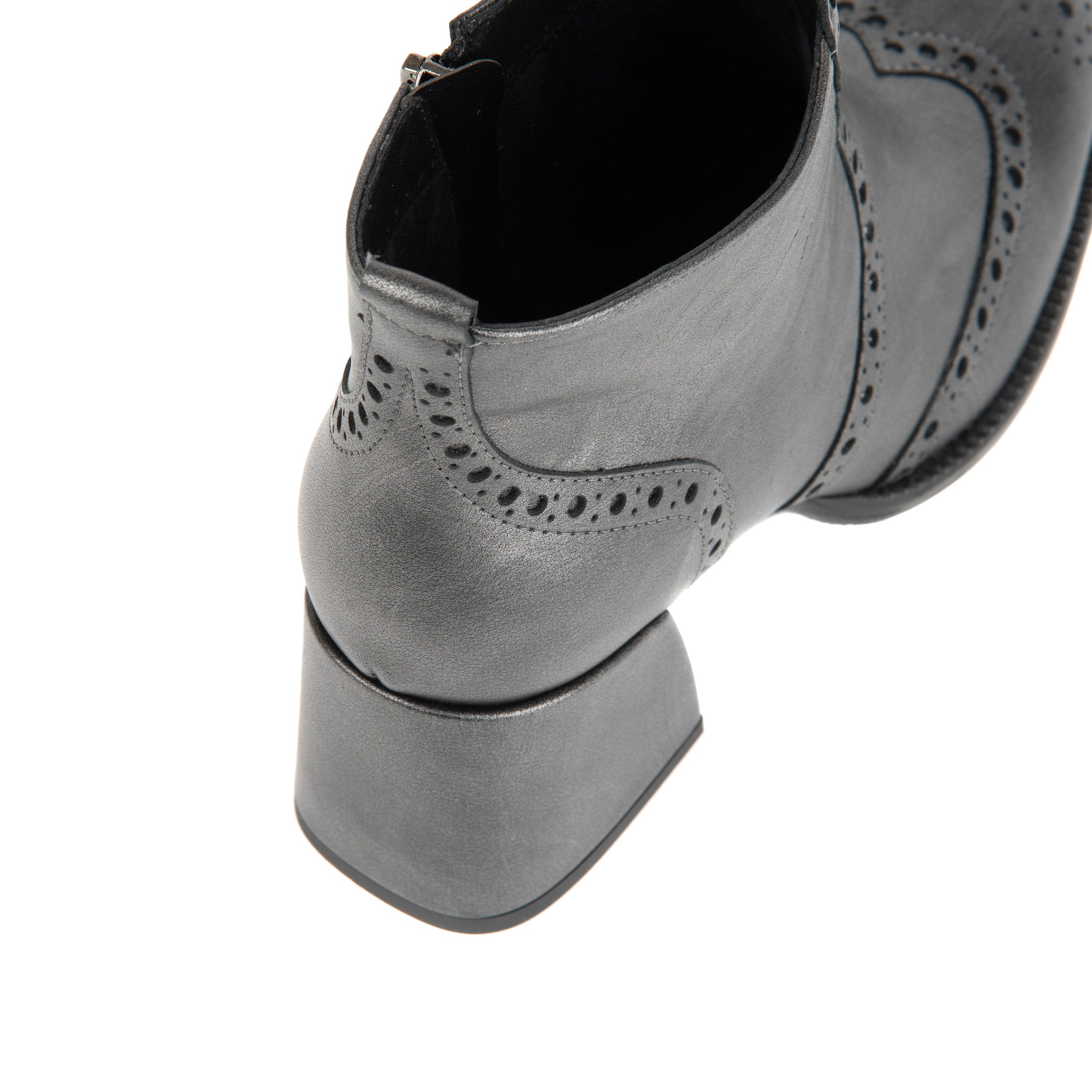 Chloe Low - Black Silver - Women's block heel ankle leather boot with brogue details