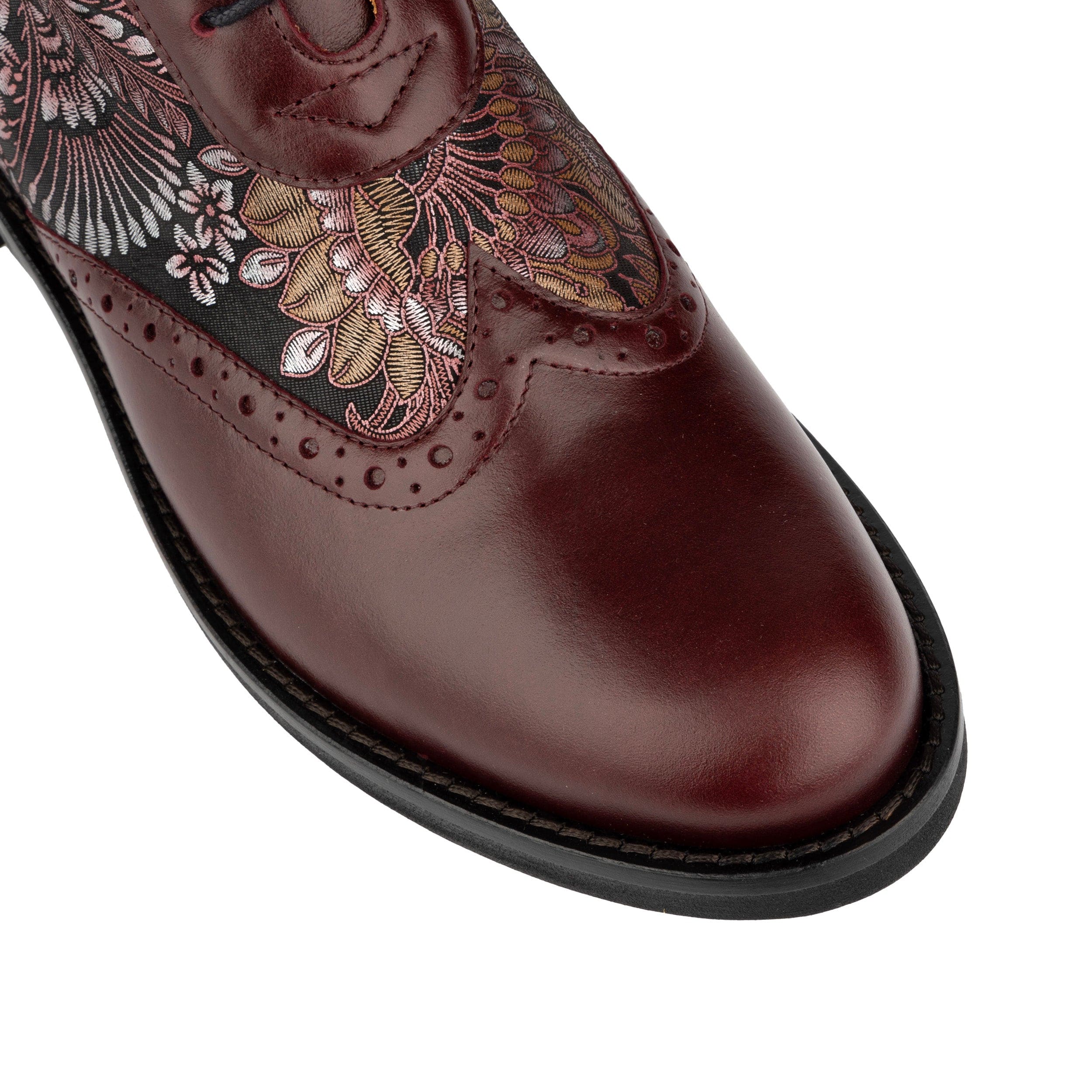 Mantis - Floral & Burgundy - Women's above-the-ankle lace-up boot with brogue & paisley detailing