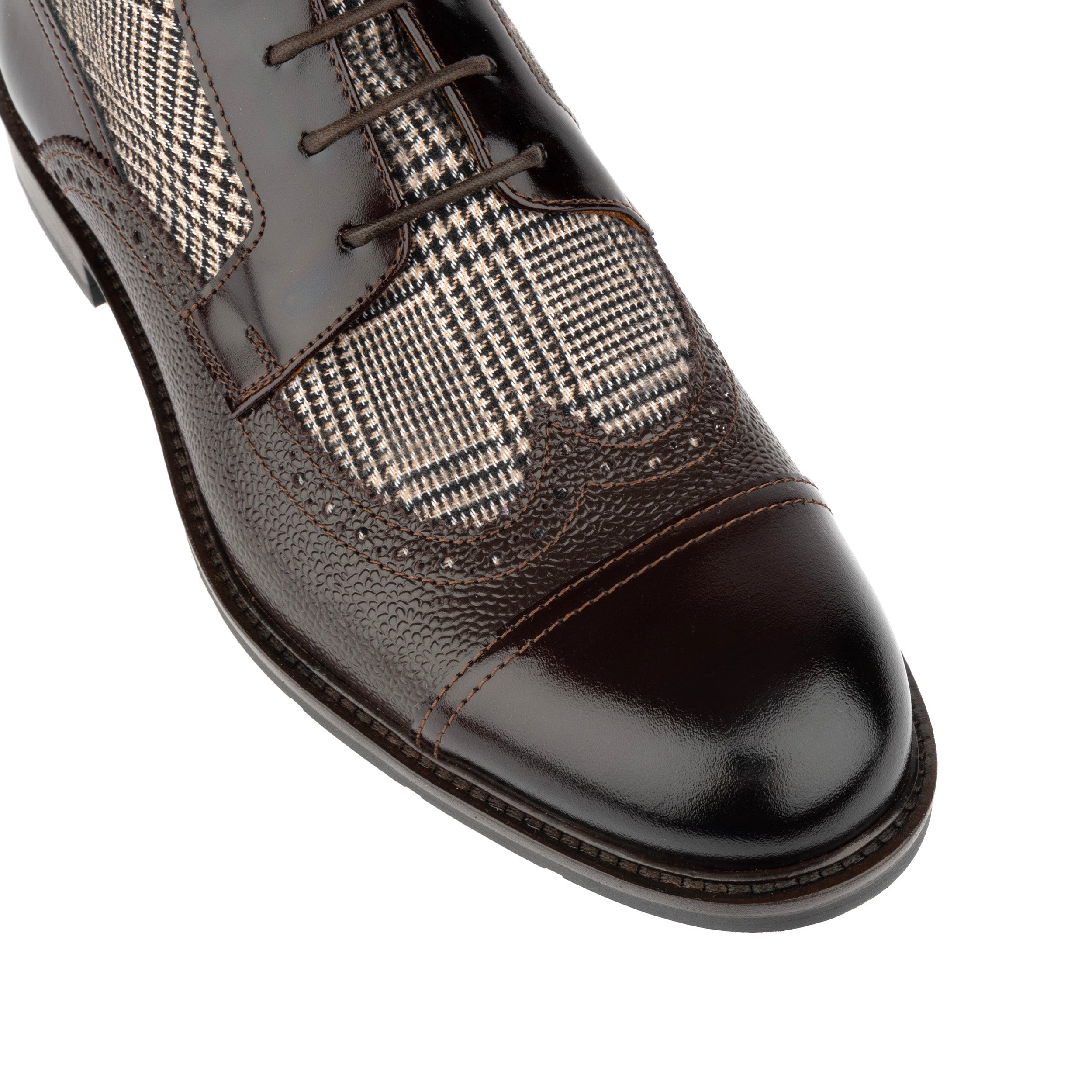 Charles - Brown Check - Men's toe cap dressy leather boot in leather and textile