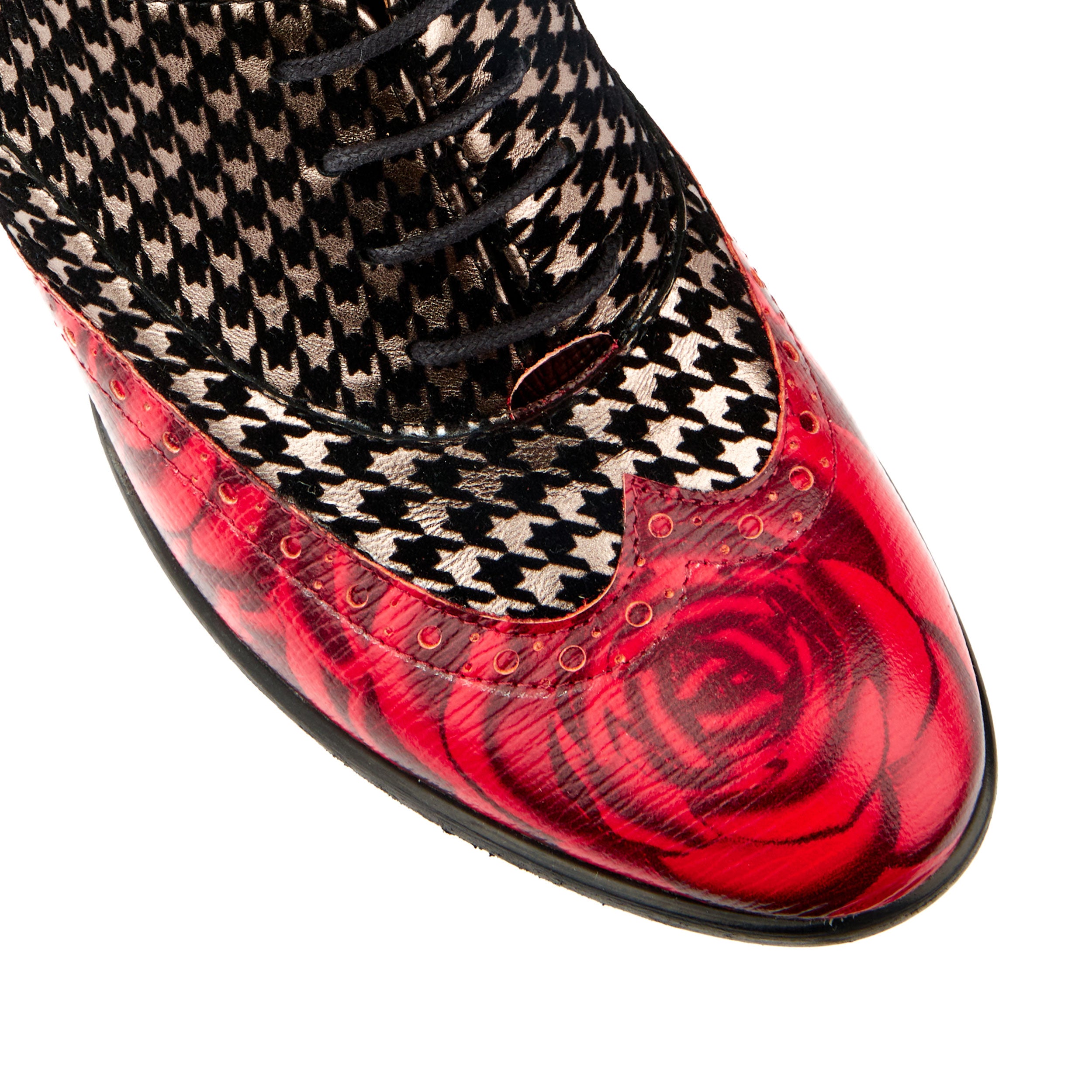 Casino - Red Houndstooth - Women's leather oxford pump in block heel with broguing