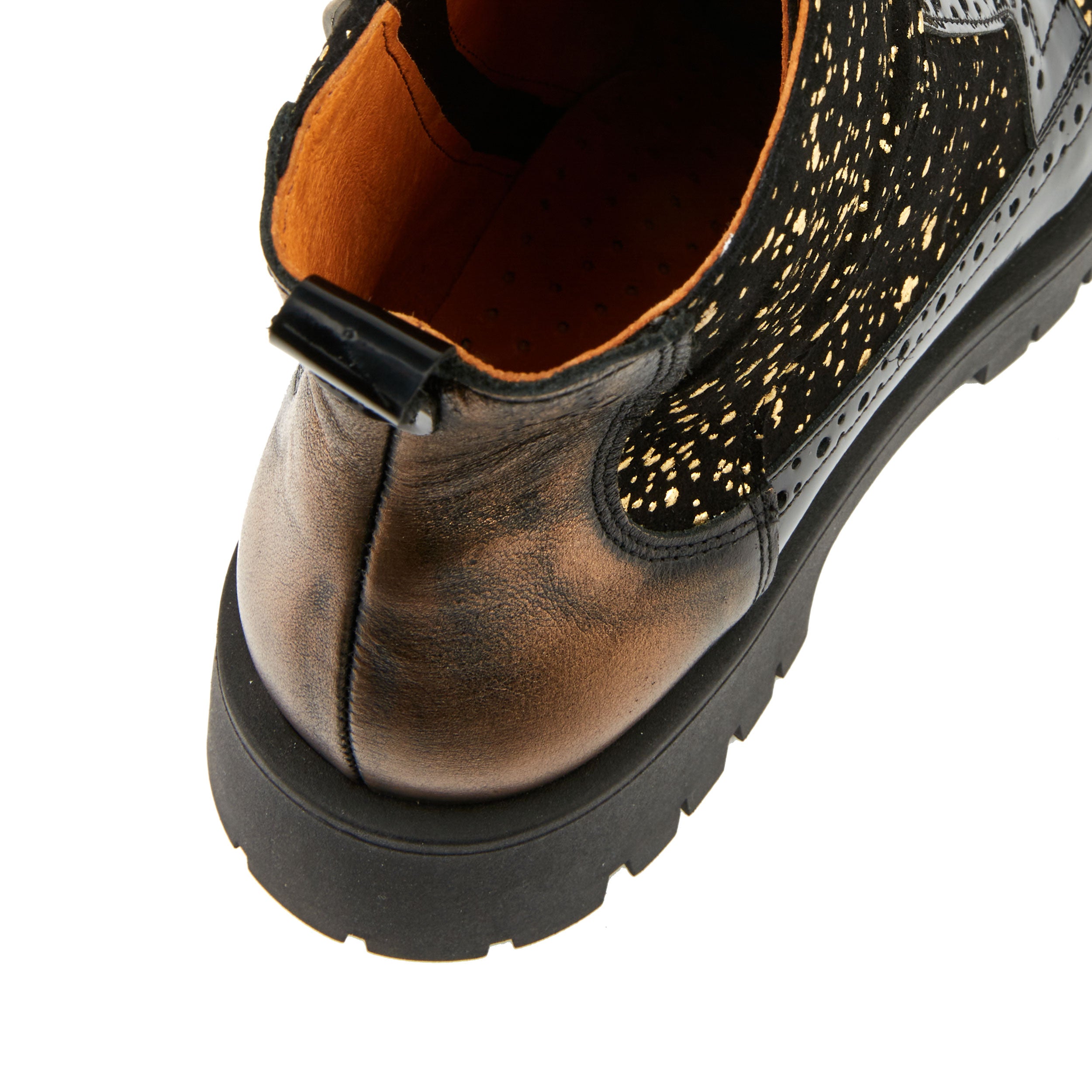 Hatter Platform - Drops - Women's ankle boot in golden paint drops on black leather