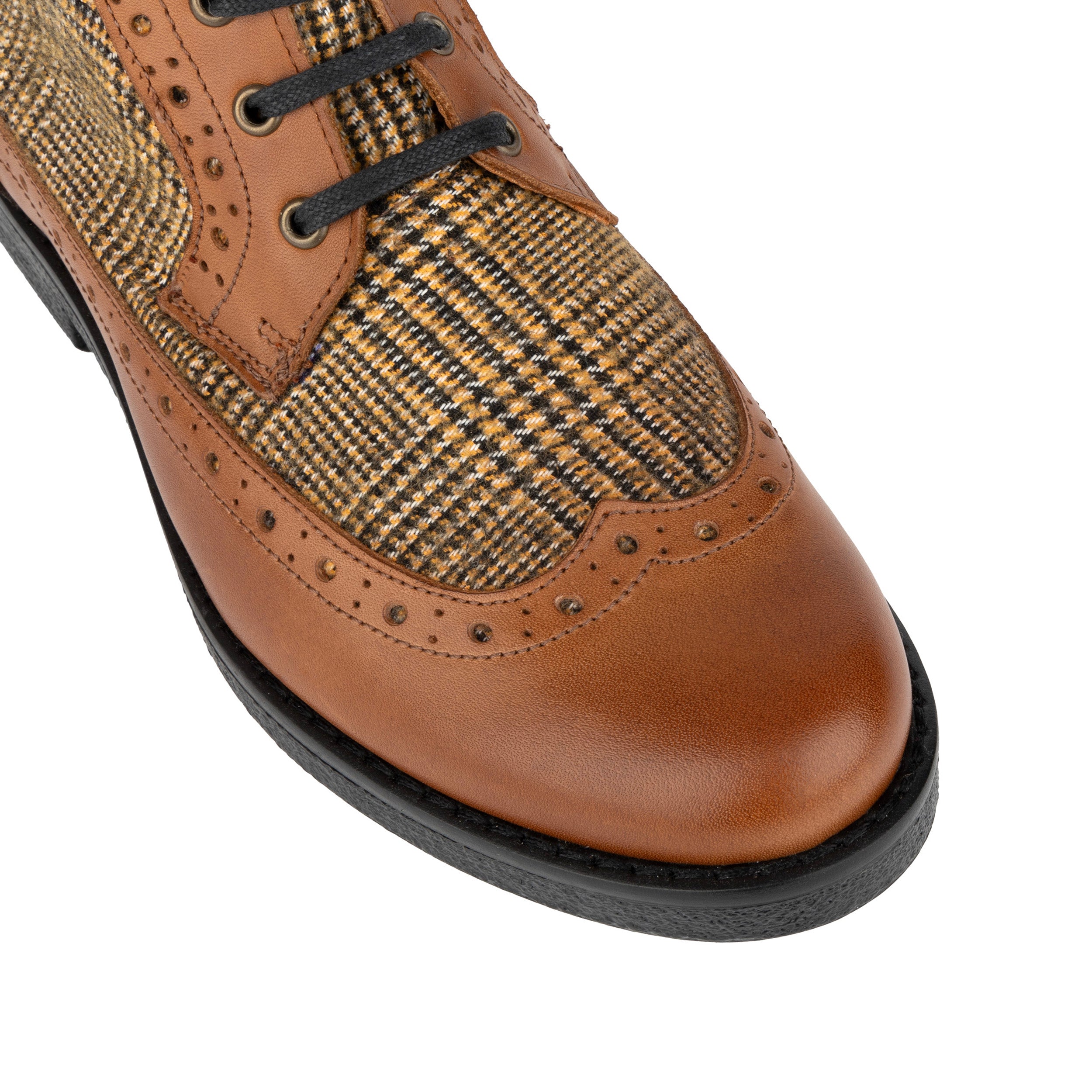 Hatter - Tan & Brown Check - Women's Leather Ankle Lace-up Boot with check details