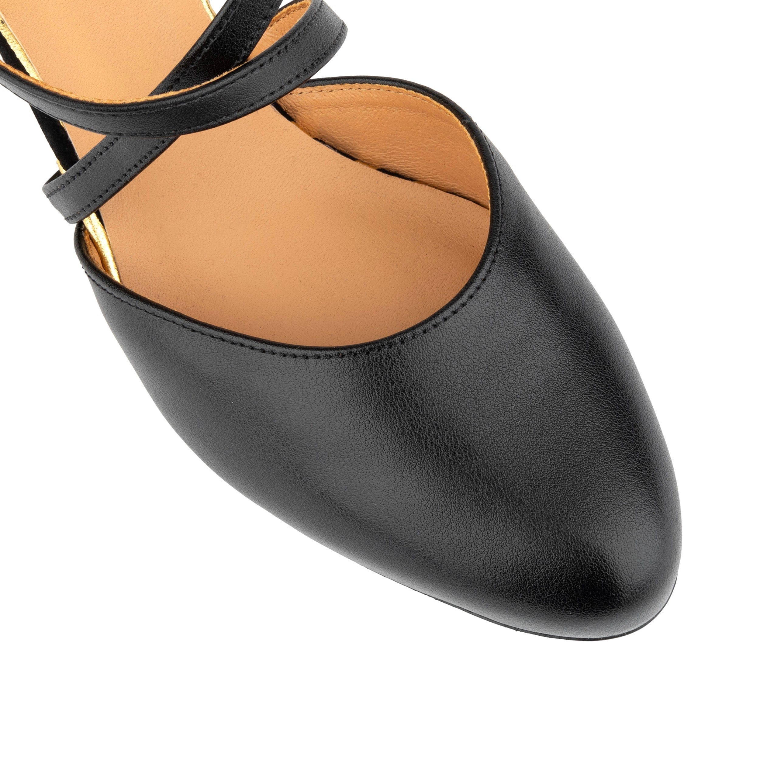 Danni - Black & Gold Stripes - Women's leather closed-toe block heel with gold foil details