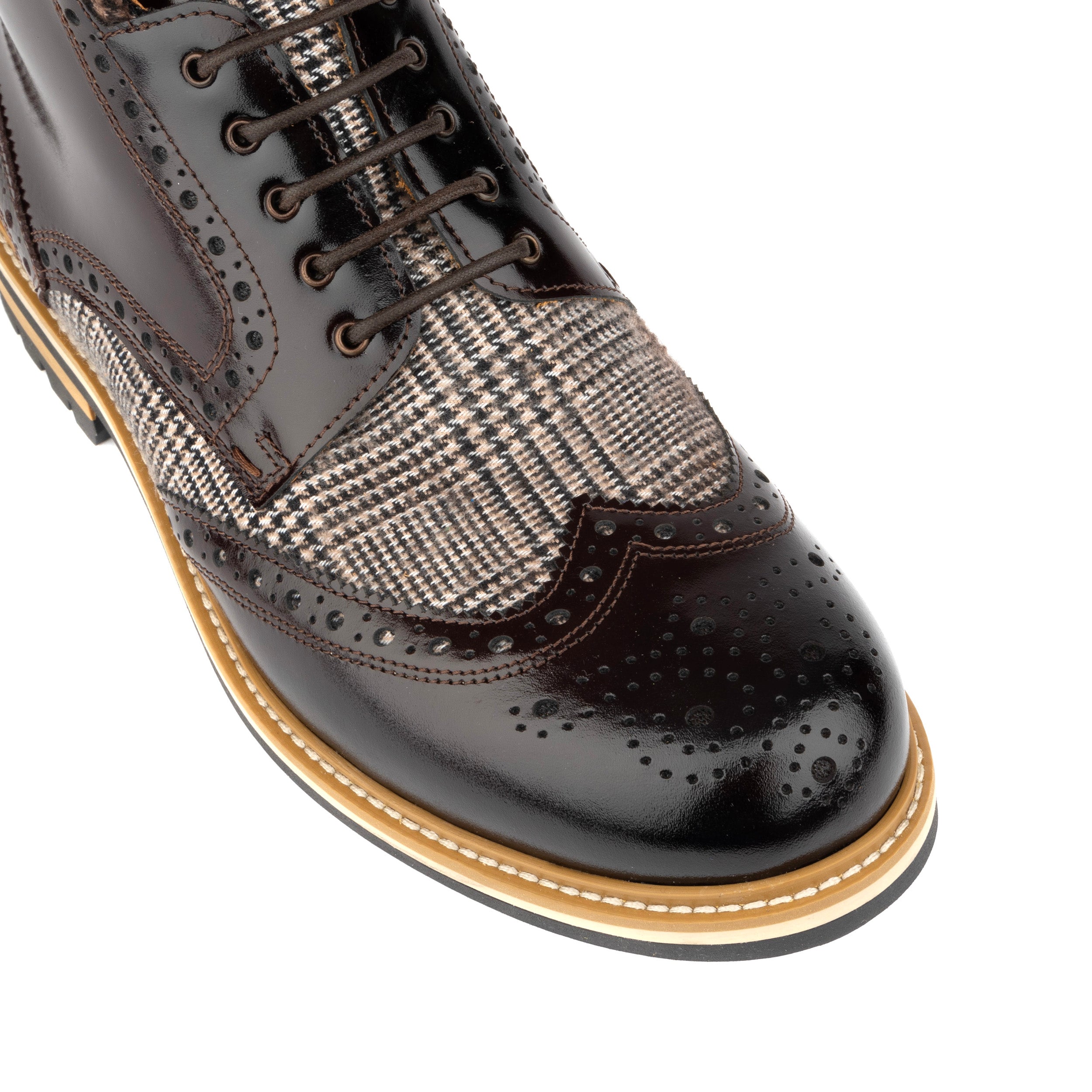 Wanderer - Brown Check - Men's leather combat style side zipper boot in brown