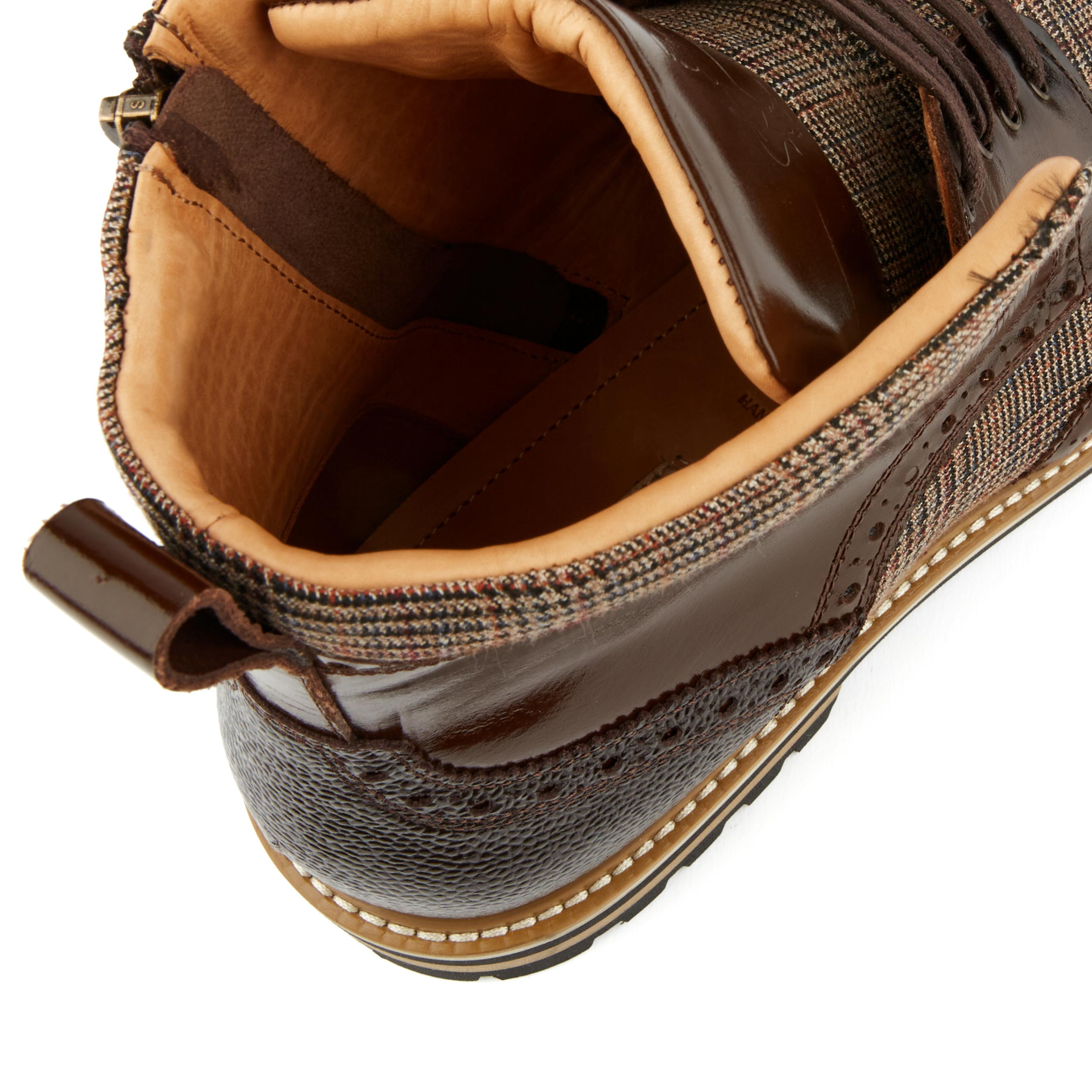 Wanderer - Brown Check - Men's leather combat style side zipper boot in brown
