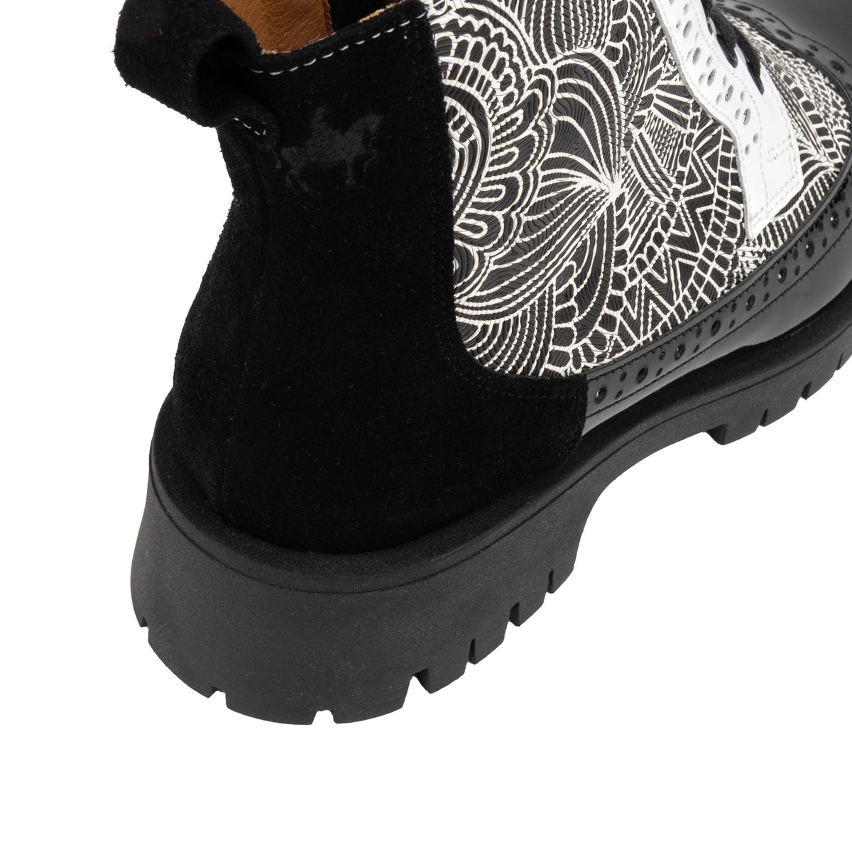 Hatter Platform - Black & White & Graphic Print - Women's Leather ankle Lace-up Boot with chunky cleated sole