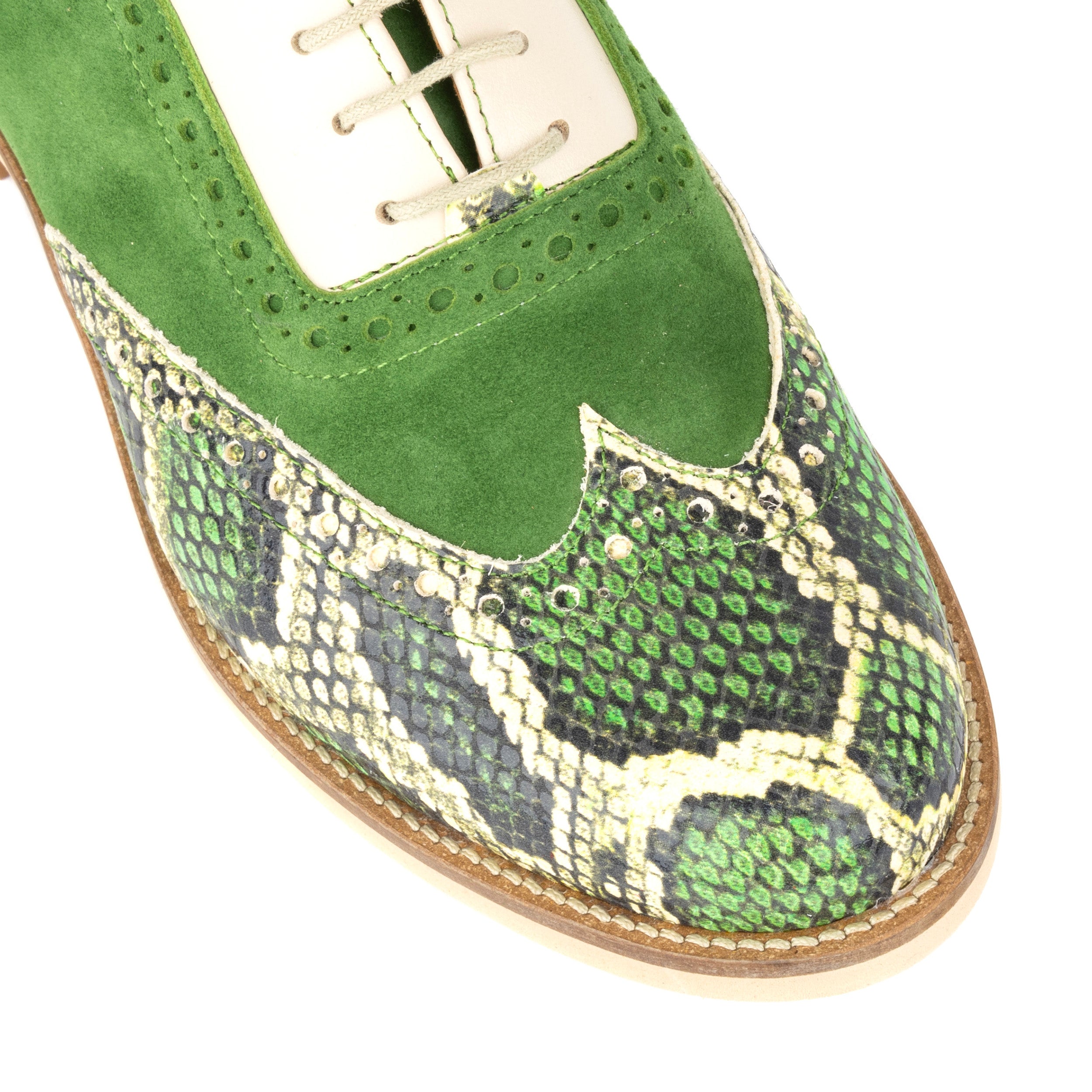 Vivienne - Green Snake - Women's almond toe lace up leather oxfords with broguing