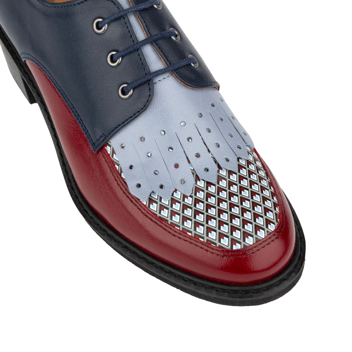 Retro Tone - Navy & Burgundy & Light Blue Diamonds - Women's leather lace-up with signature kiltie detail