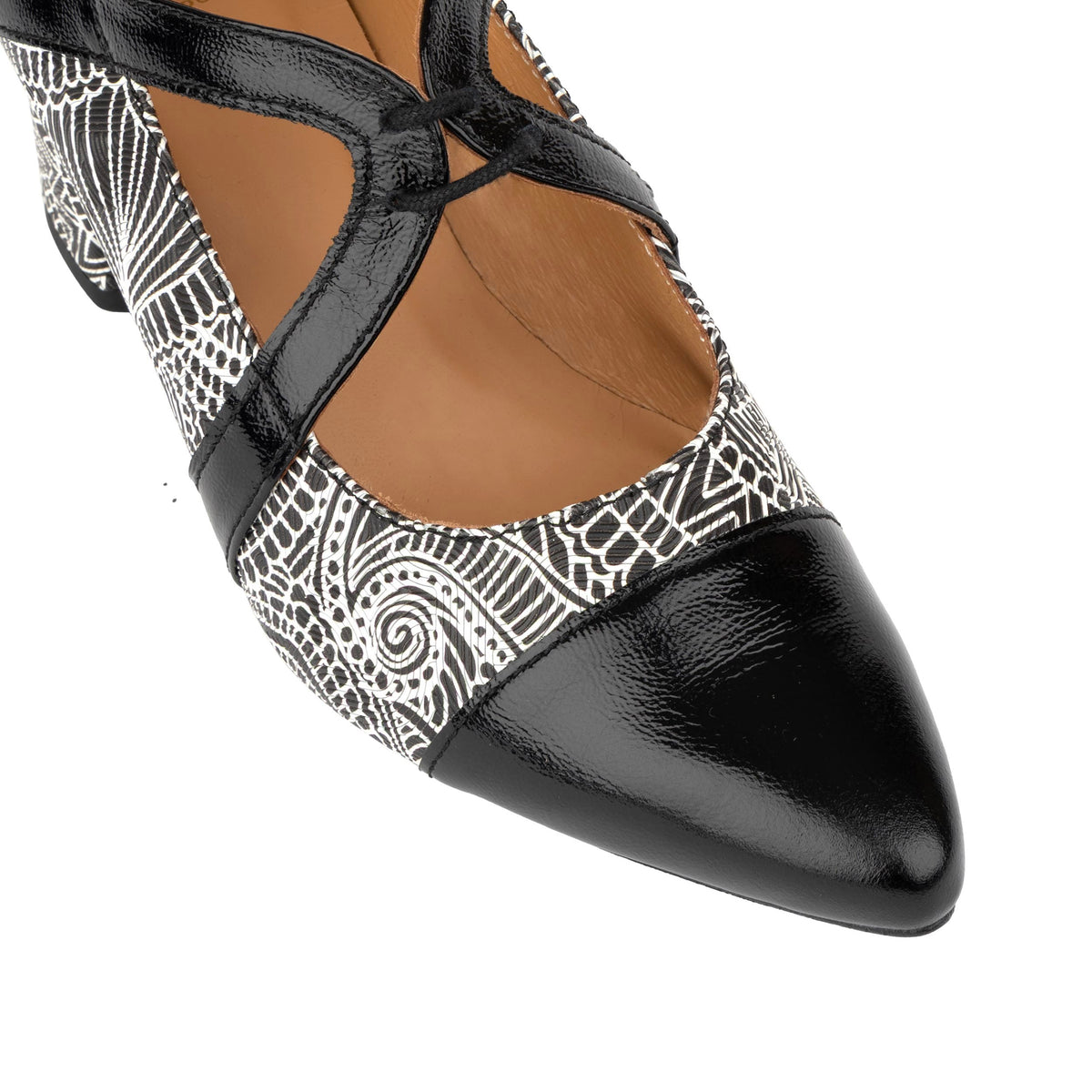 Harlowe High - Black & White & Graphic Print - Women's leather block heel pumps