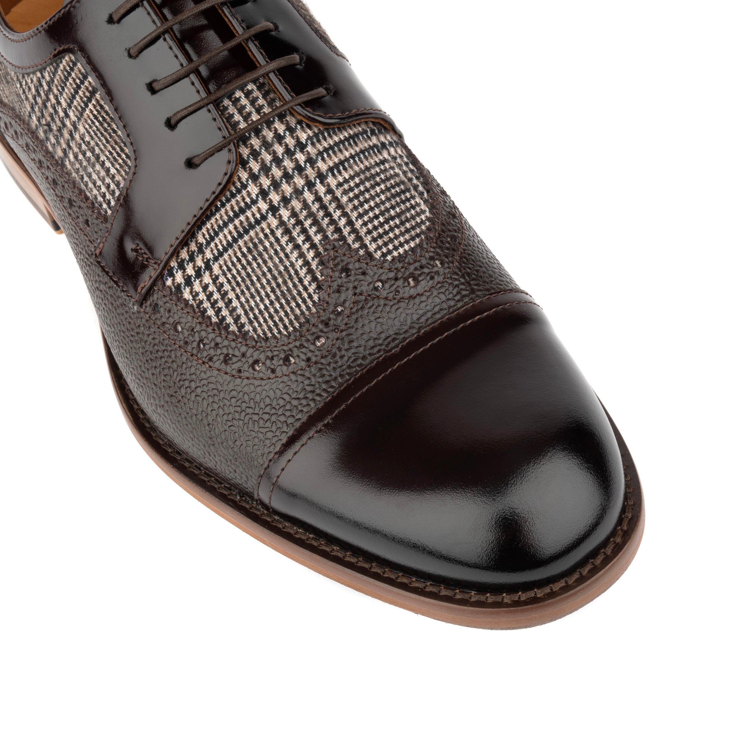 Orlando - Brown Check - Men's toe cap leather dressy shoe with brogue details