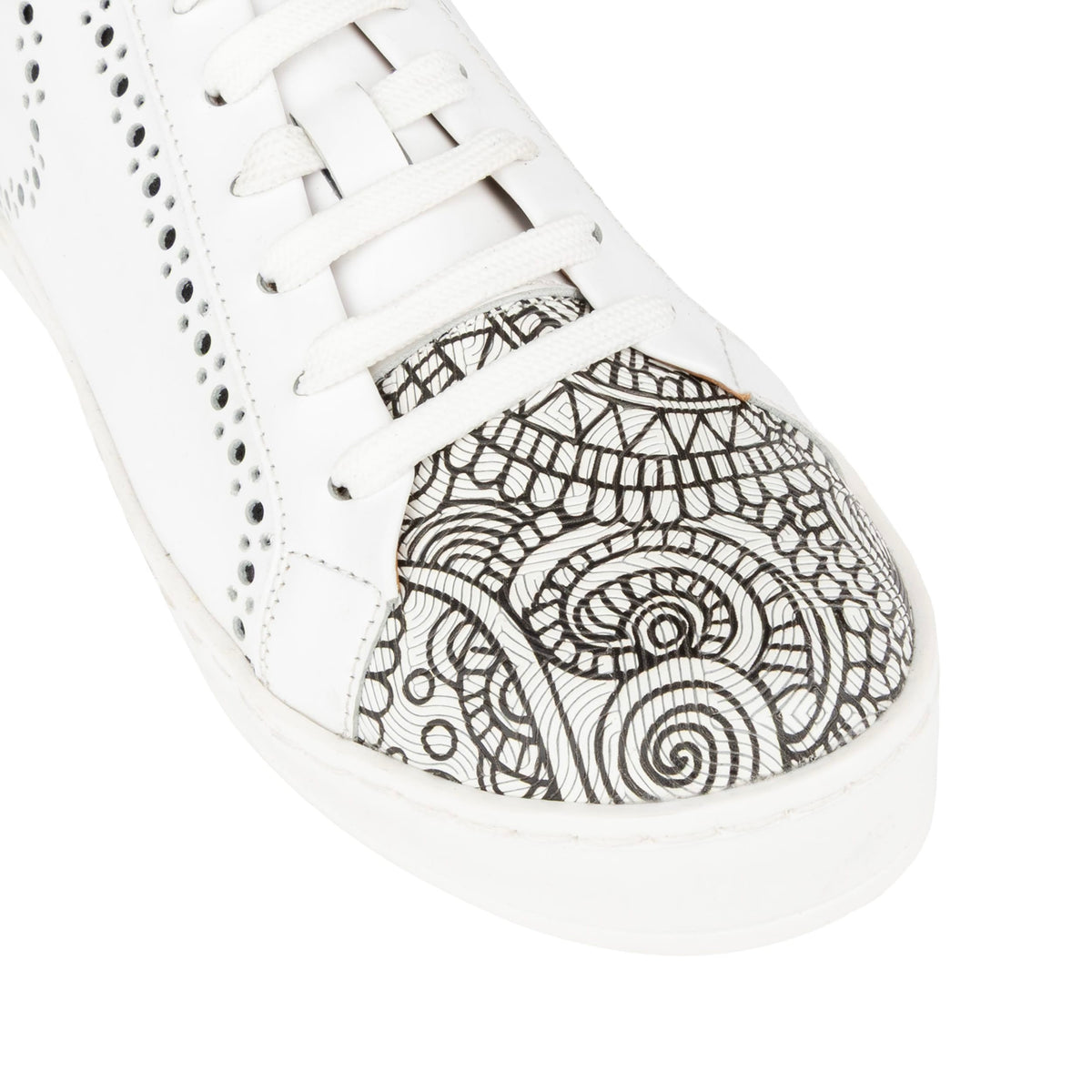Serena - Black & White & Graphic Print - Women’s Leather Trainer with Brogue Details