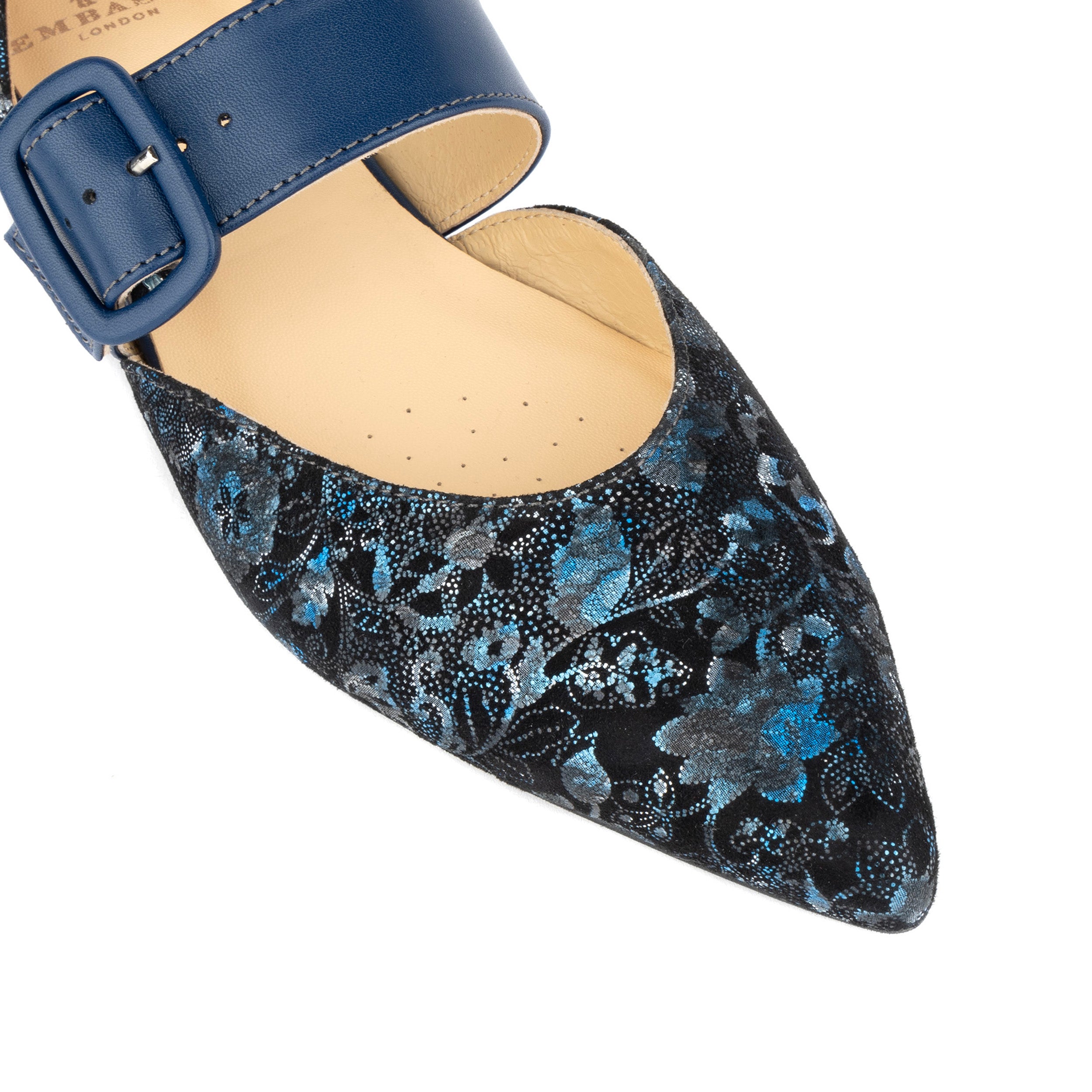 Lush - Navy & Floral - Women's leather pointed ballet pump with buckle strap