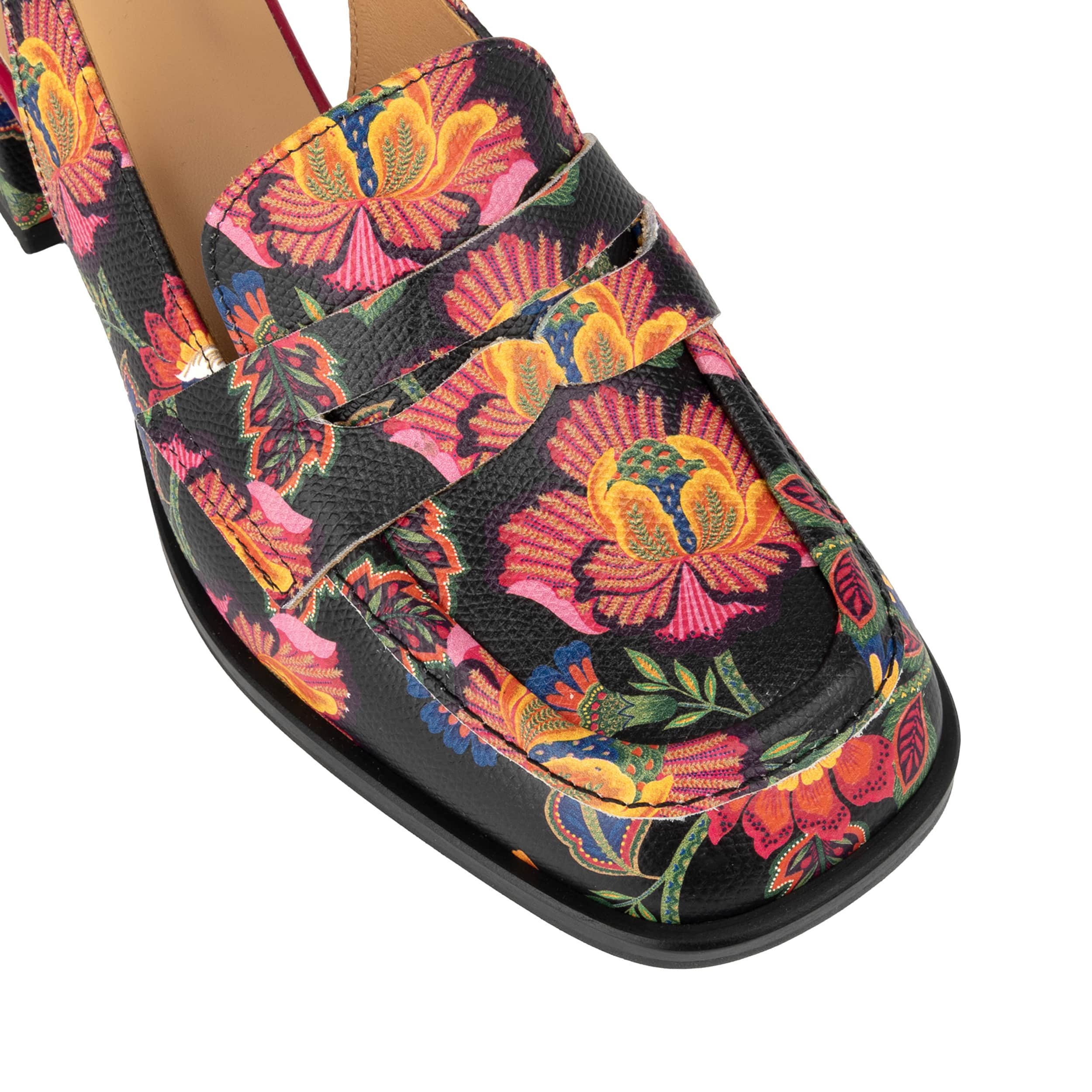 Diana - Red Flowers - Women's block heel slingback leather pump