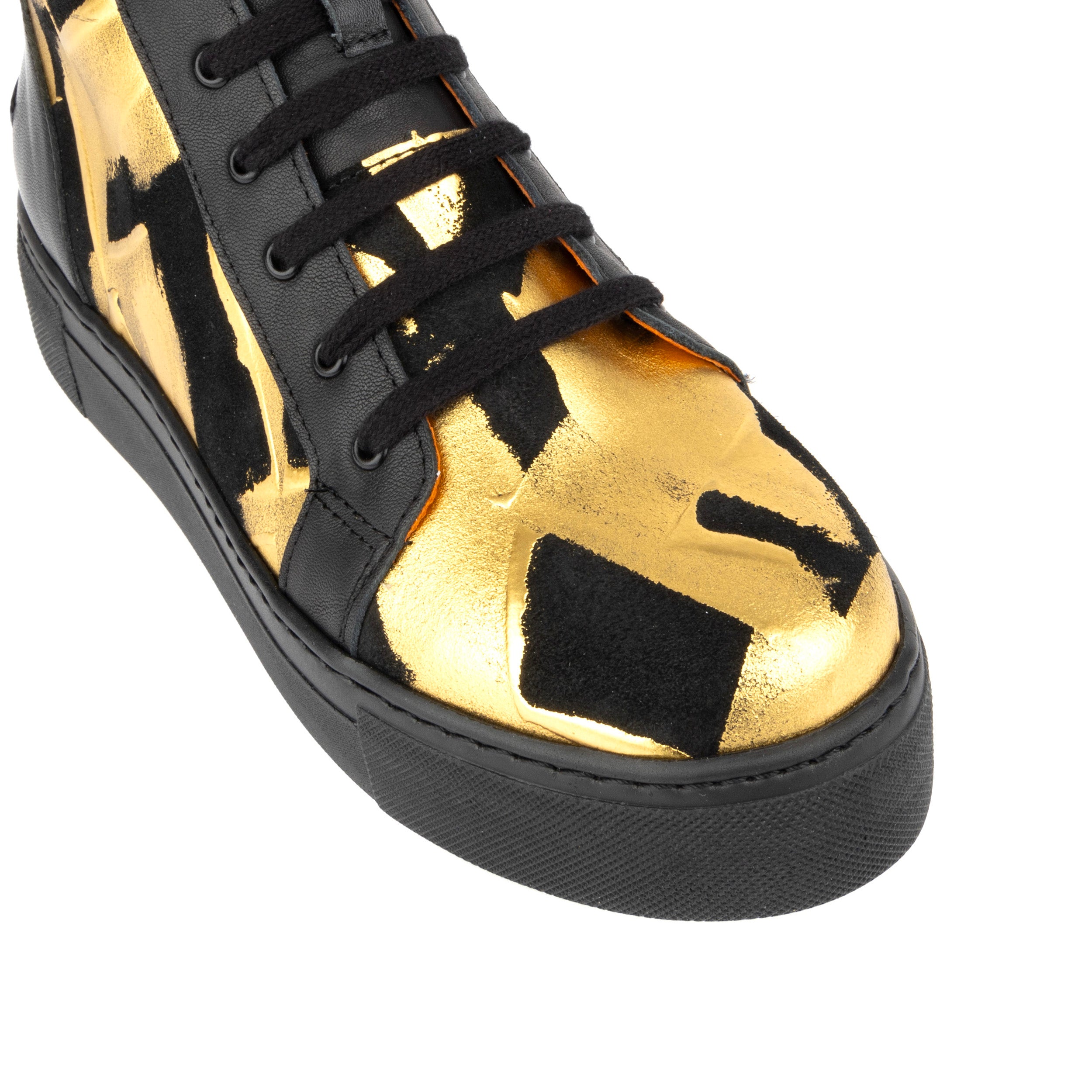 Camila High - Gold Black - Women's black chunky sole high top leather trainer