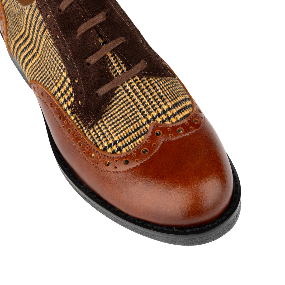The Artist - Brown & Brown Check - Women's leather lace-up shoe with brogue detailing