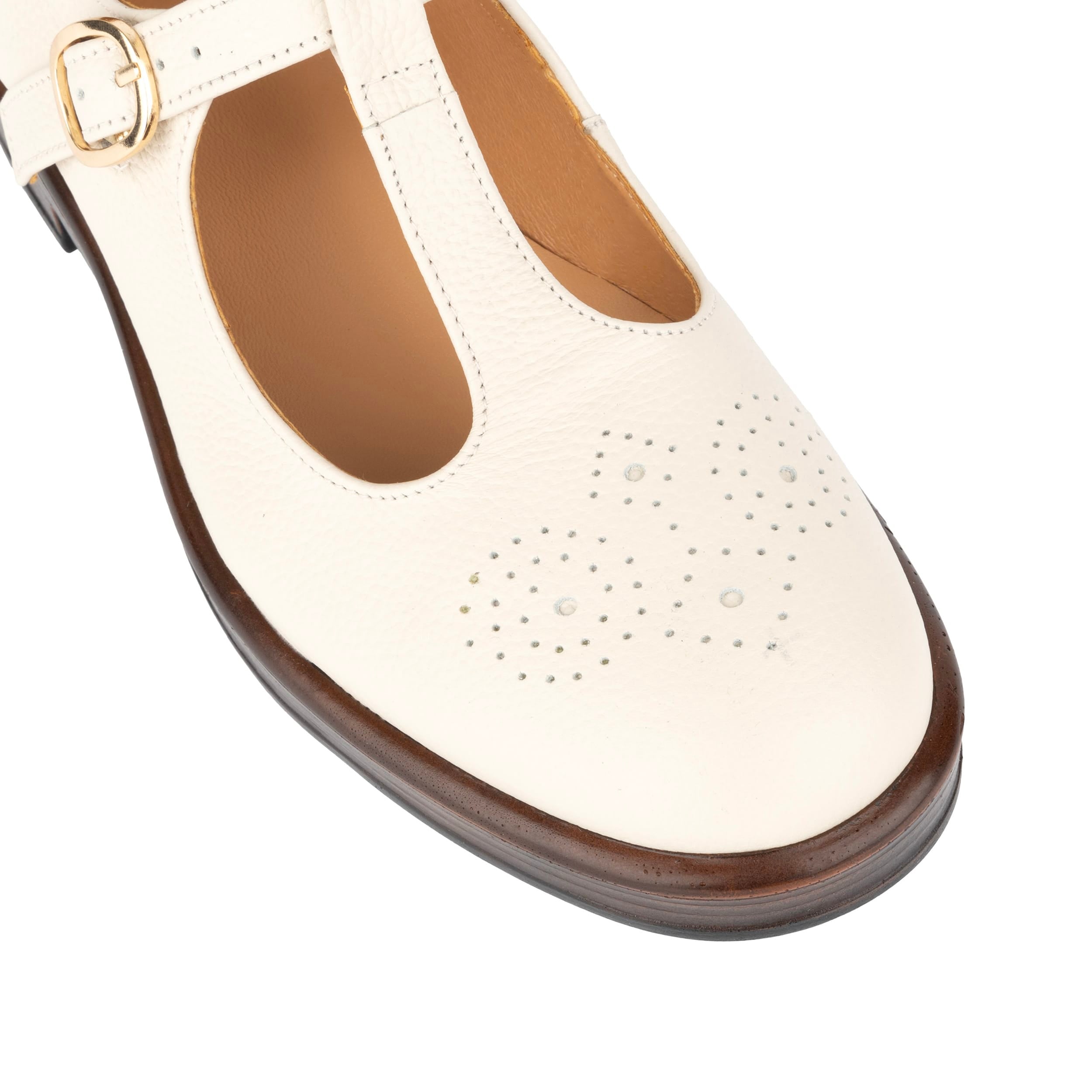 Bloom - Cream - Women's Textured Leather T-Bar Shoe with Brogue Detail
