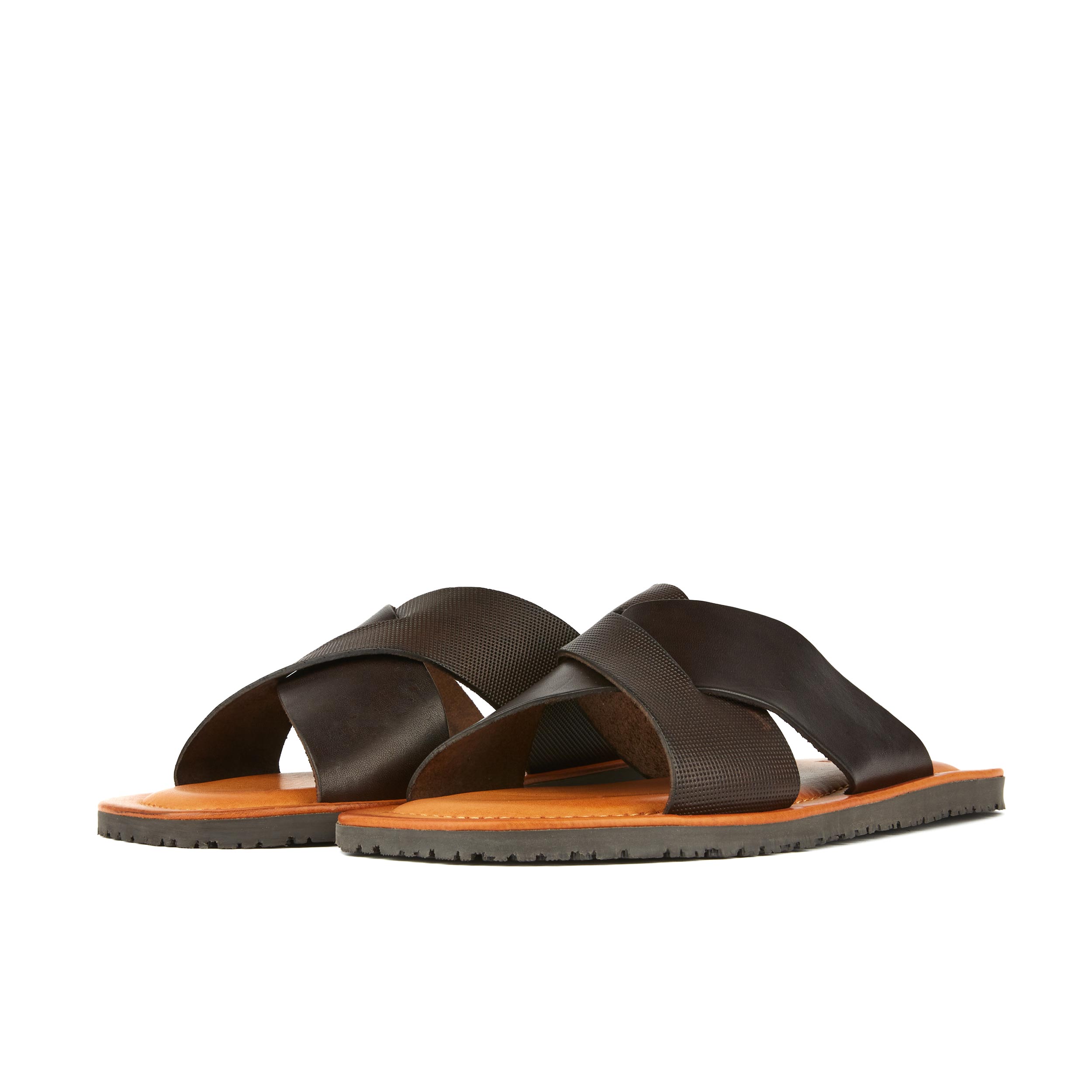 Port - Dark Brown - Men's criss cross lstraps leather sandal in brown