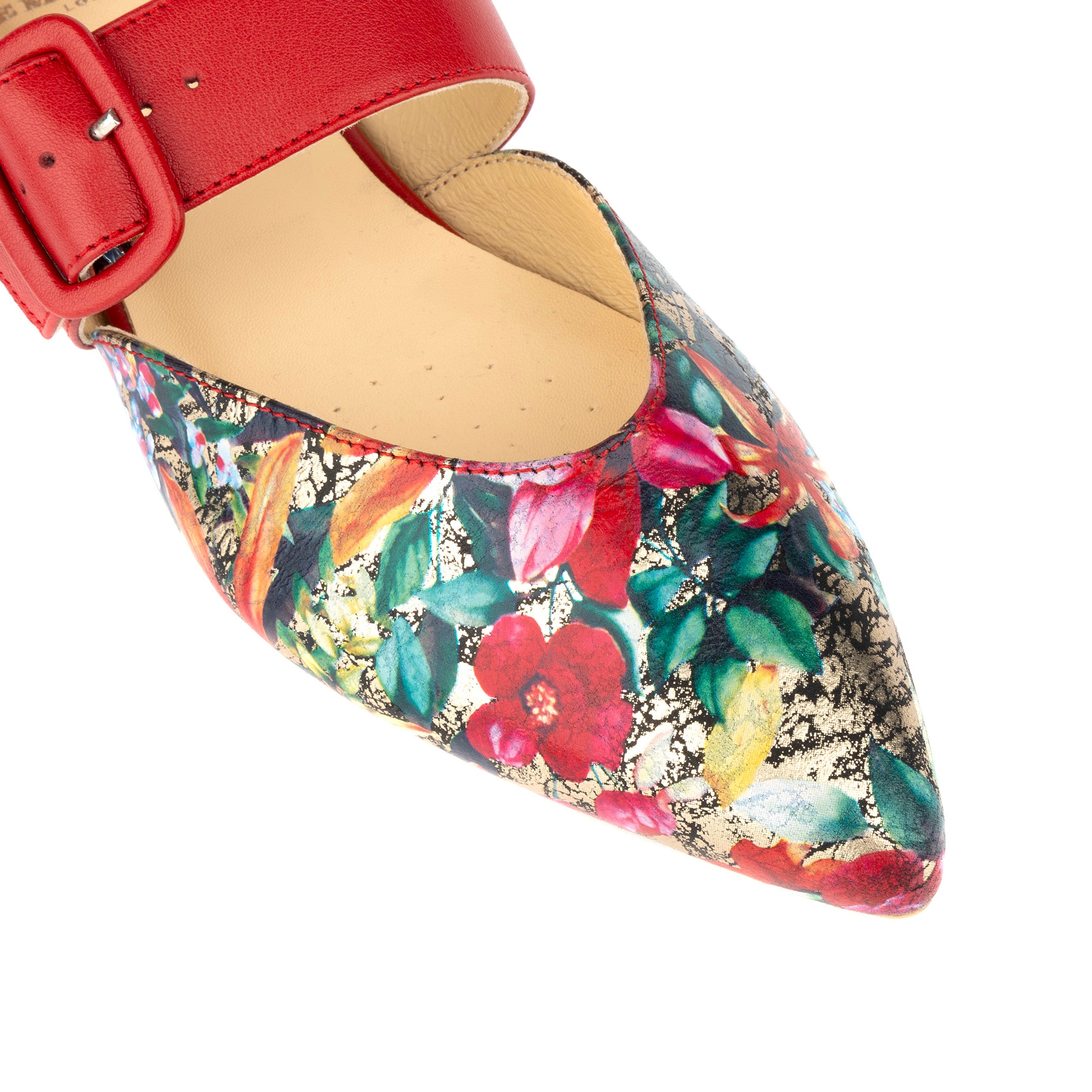 Lush - Red & Floral - Women's leather pointed ballet pump with buckle strap