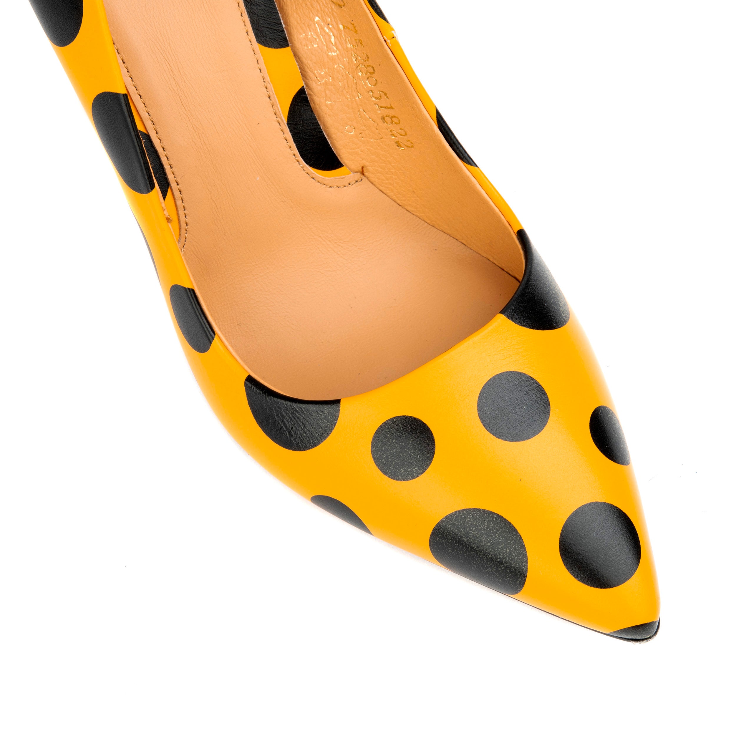 Emily - Black Orange Polka - Women's leather pointy 4 inch pump in orange and black dots