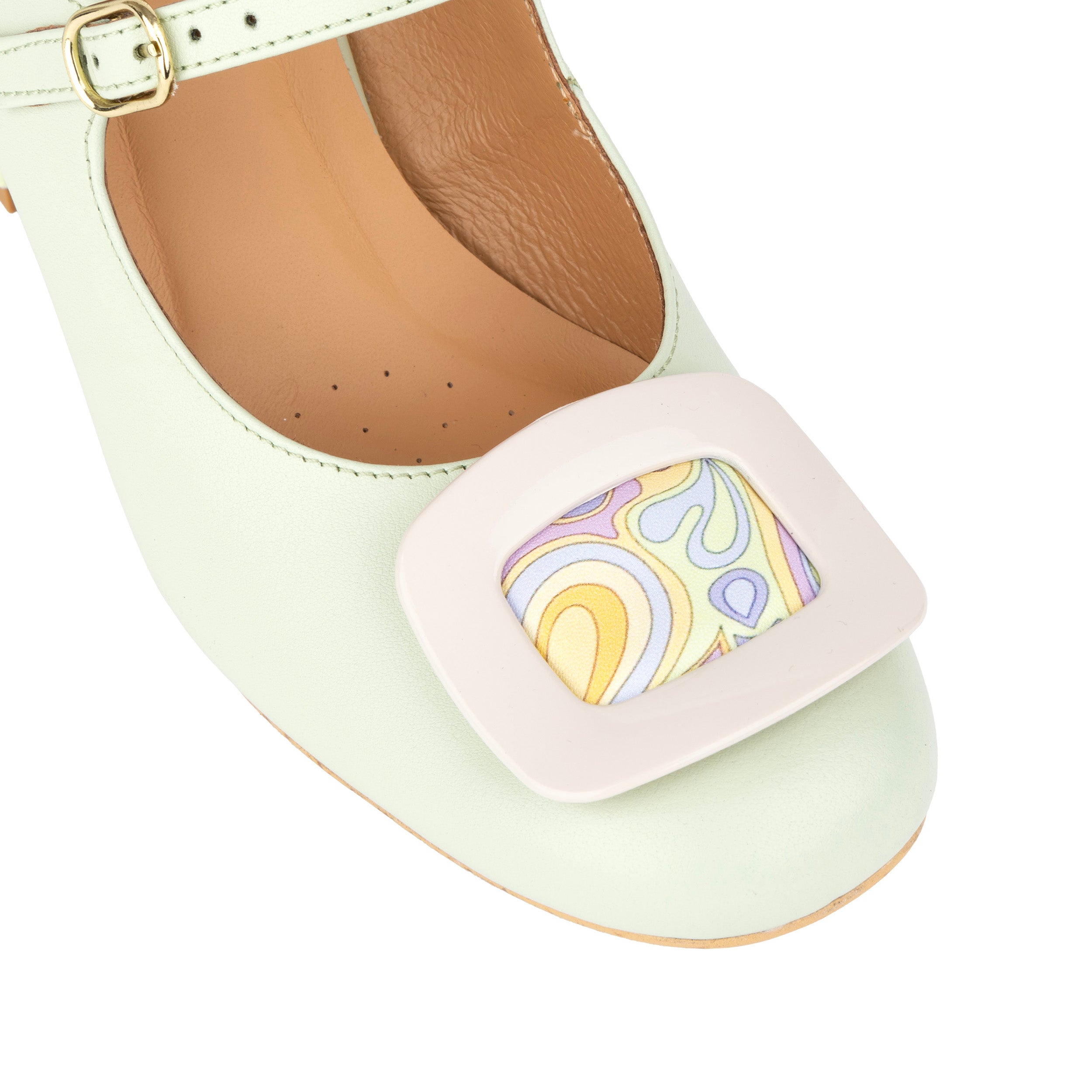 Button - Mint & Multi Pastel Print - Women's Leather Round-toe Mary Jane Pump with Block Heel