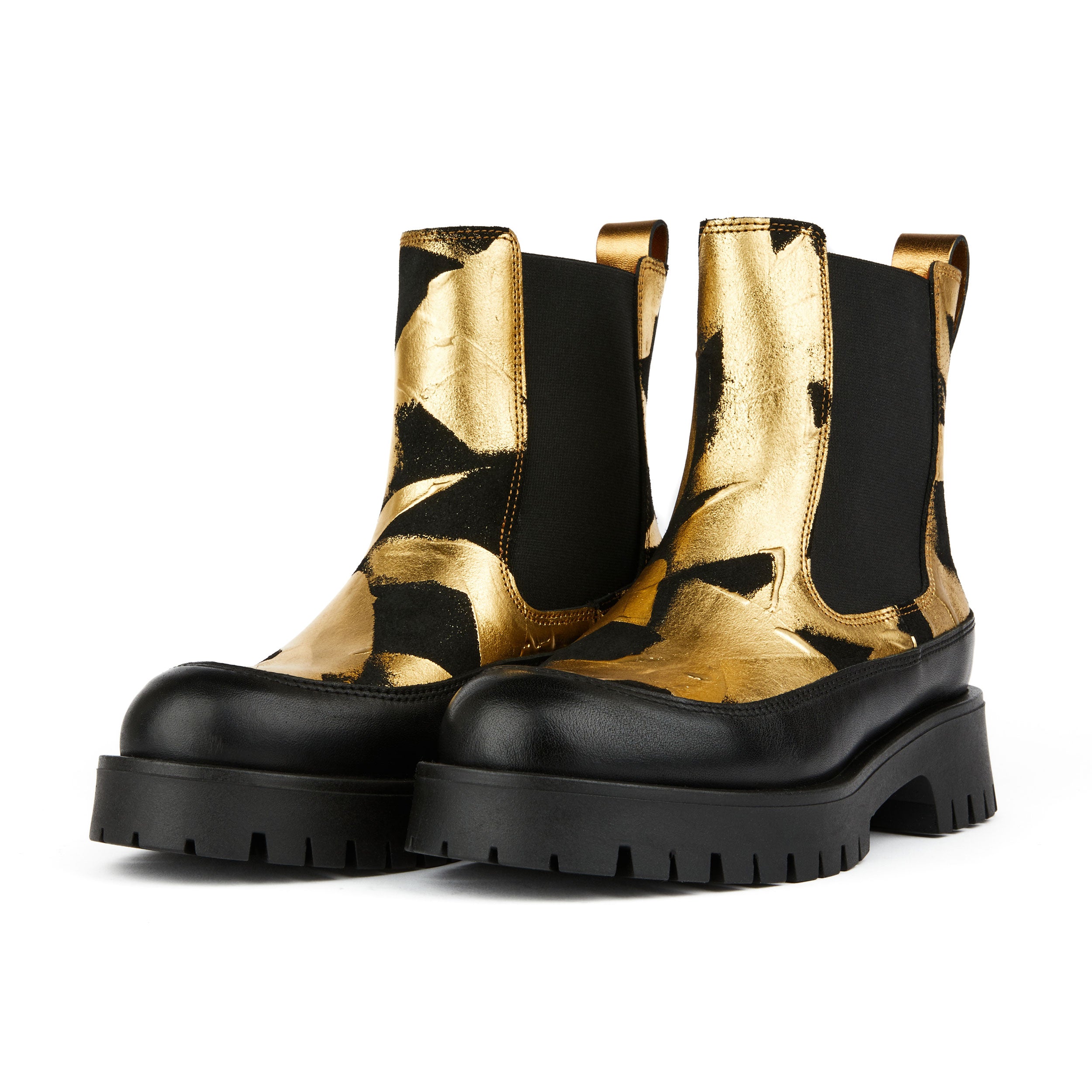 Bora - Gold Black - Women's chunky platform sole round toe leather chelsea boot