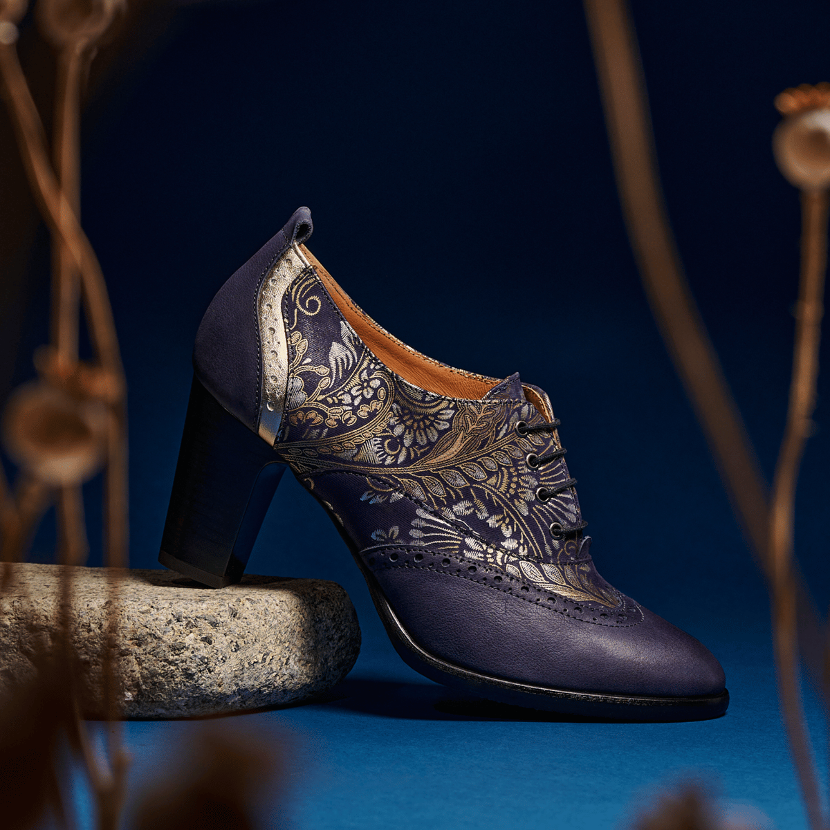 Casino - Blue & Silver Paisley - Women's leather pump in 3 inch heel with brogue details