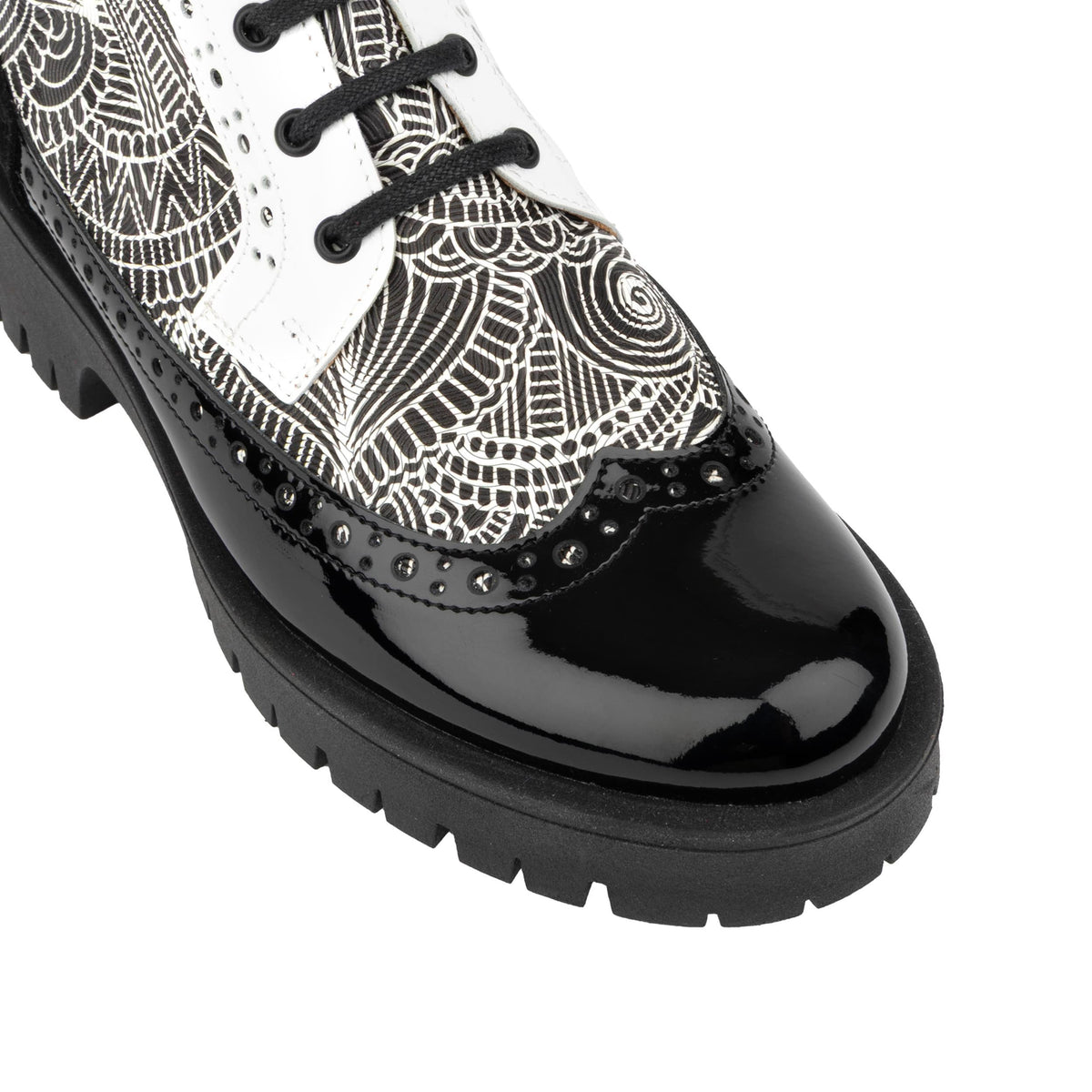 Hatter Platform - Black & White & Graphic Print - Women's Leather ankle Lace-up Boot with chunky cleated sole