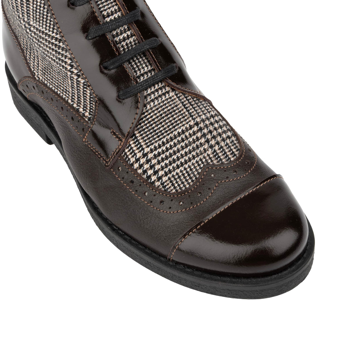 Modiste - Brown & Brown Check - Women's Leather & Tweed Check Lace-Up Ankle Boots