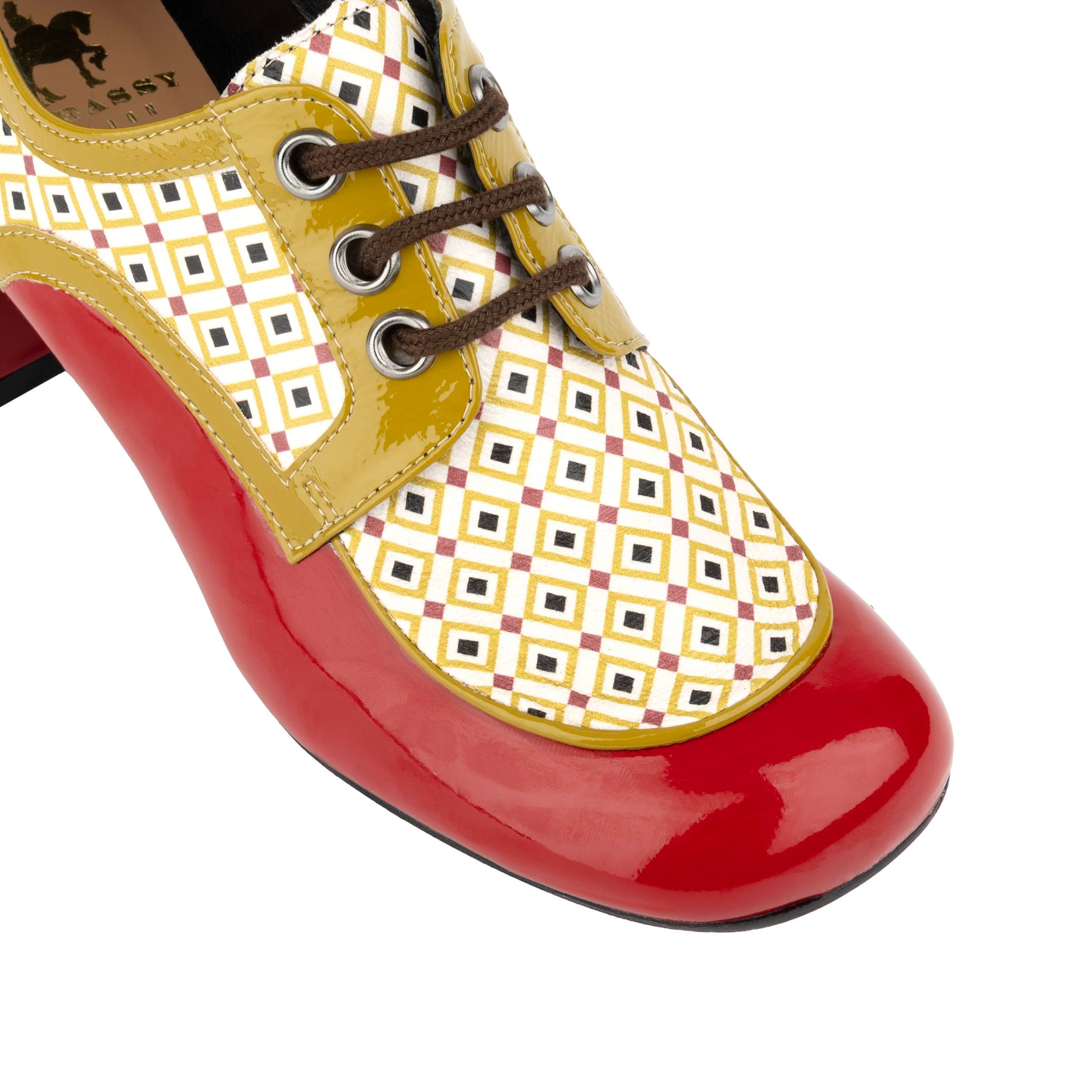 Sovereign - Olive & Red - Women's leather lace up shoe with block heel