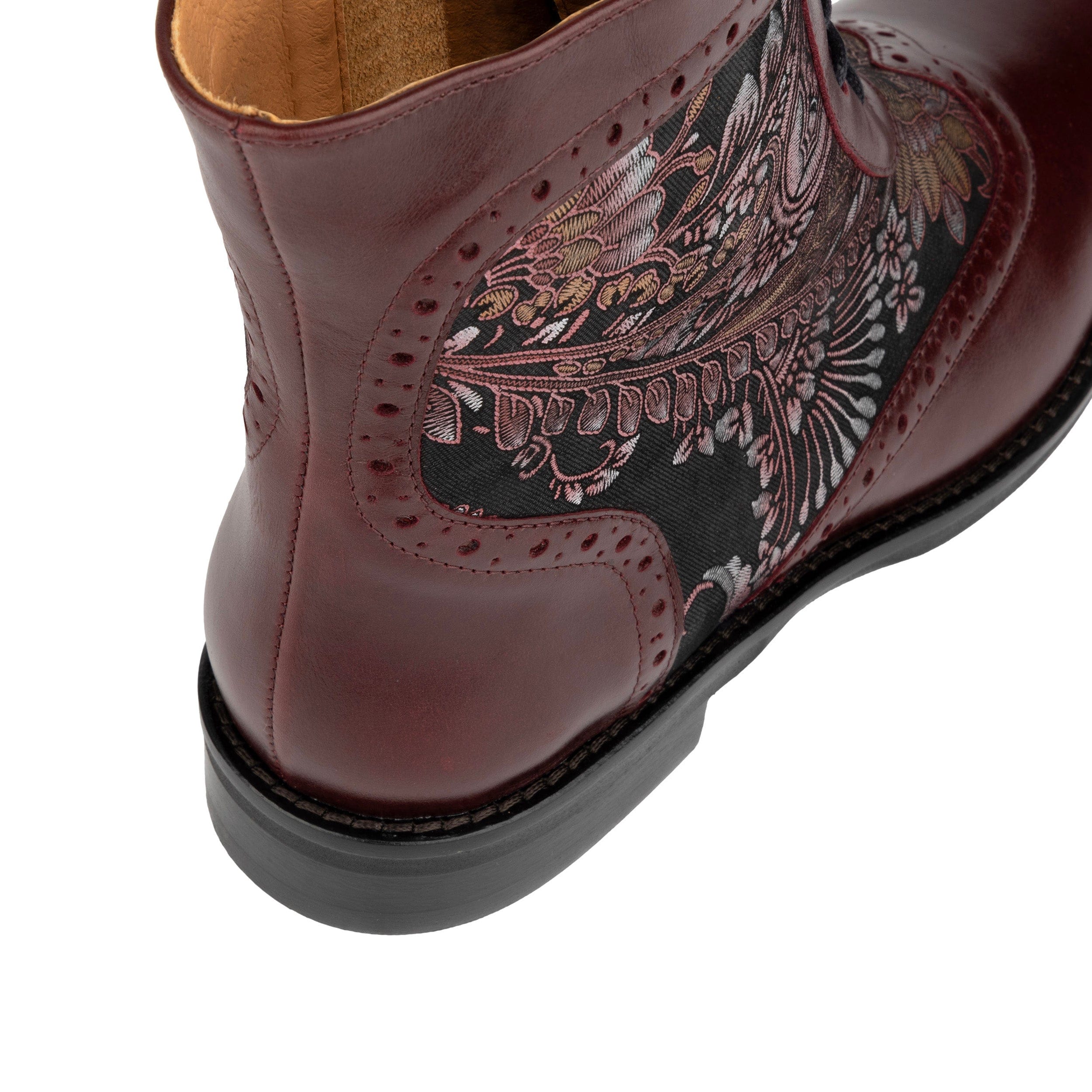 Mantis - Floral & Burgundy - Women's above-the-ankle lace-up boot with brogue & paisley detailing