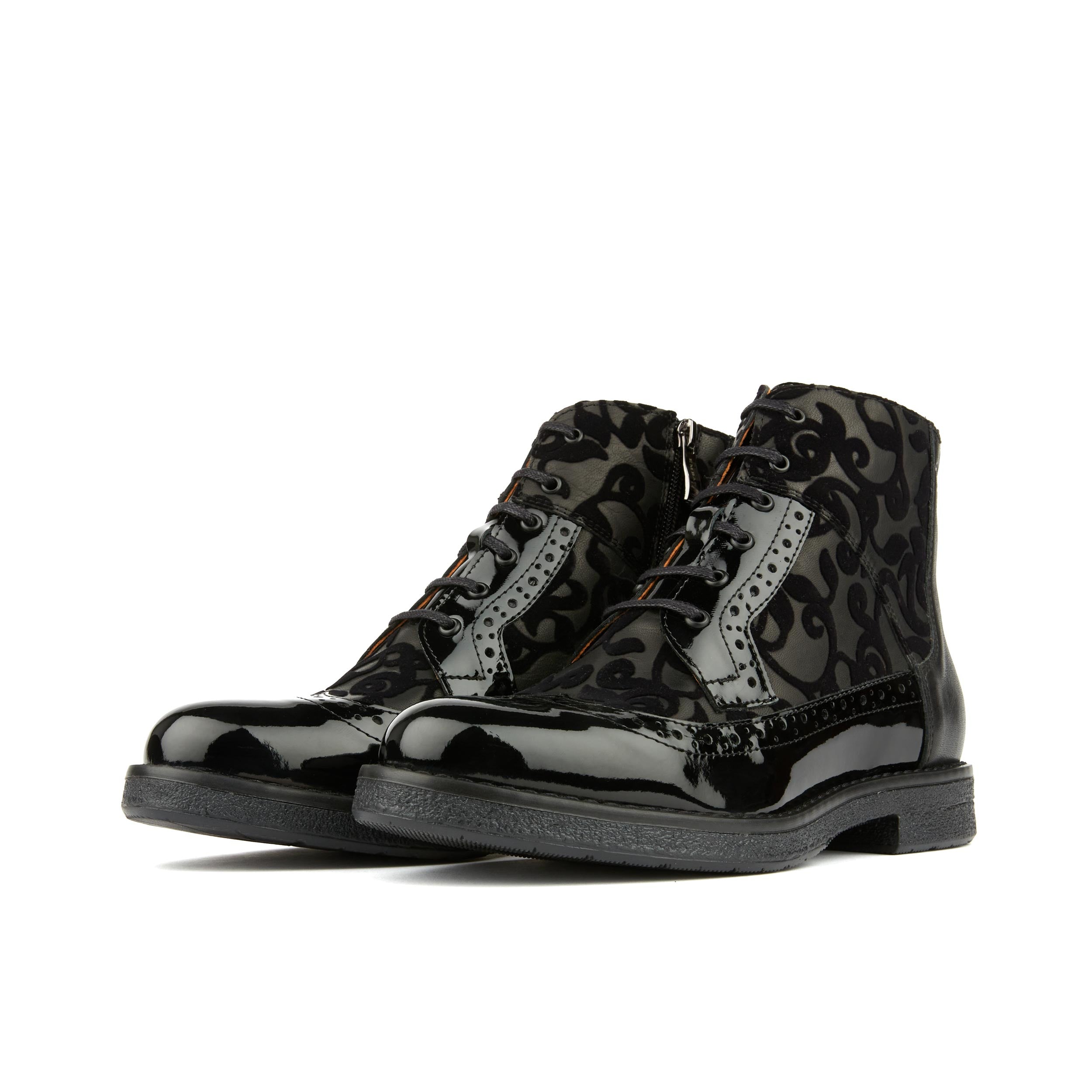 Hatter - Black Floral - Women's zip up and lace up ankle boot with brogue styling