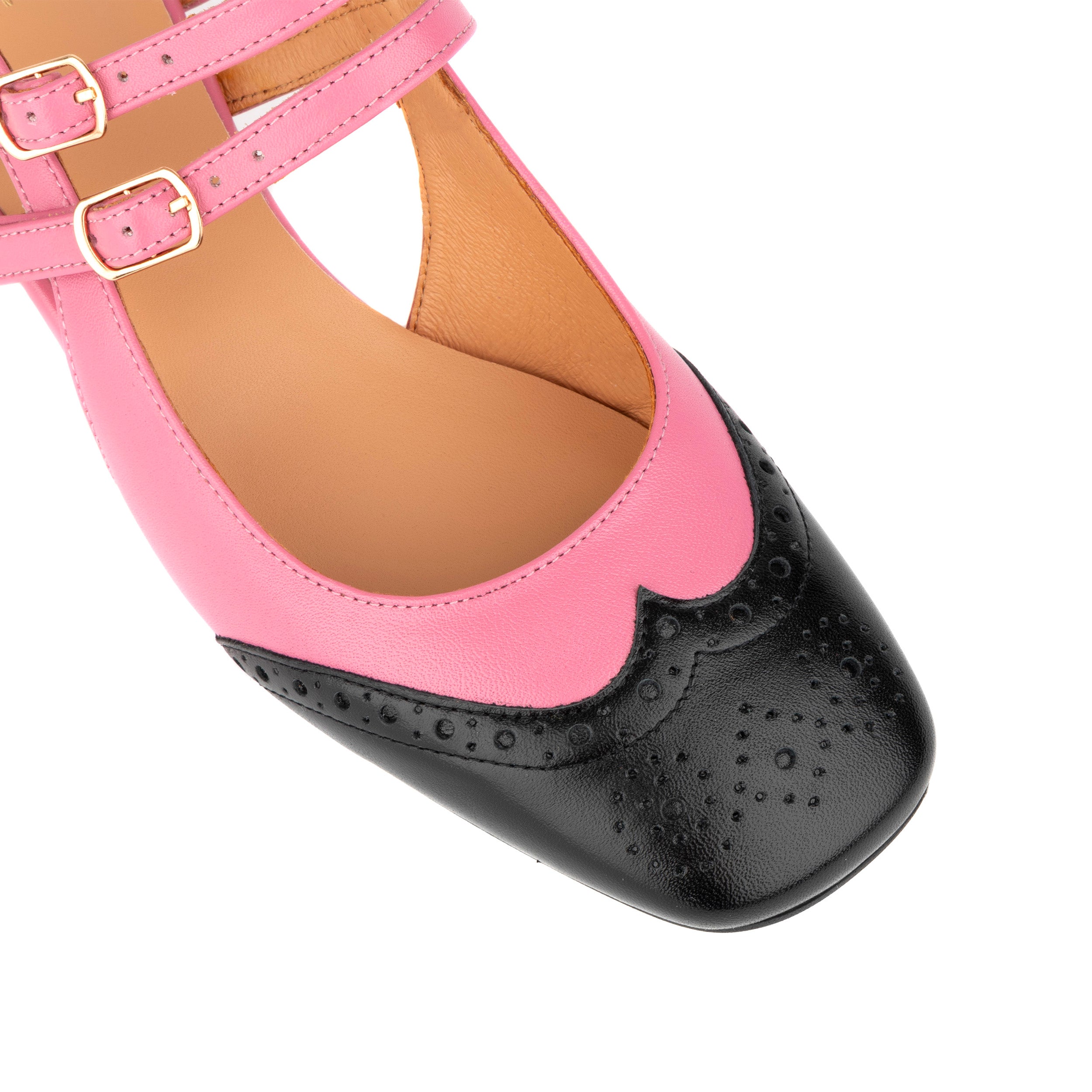 Candy - Pink & Black - Women's square toe block heel slingbacks in pink leather