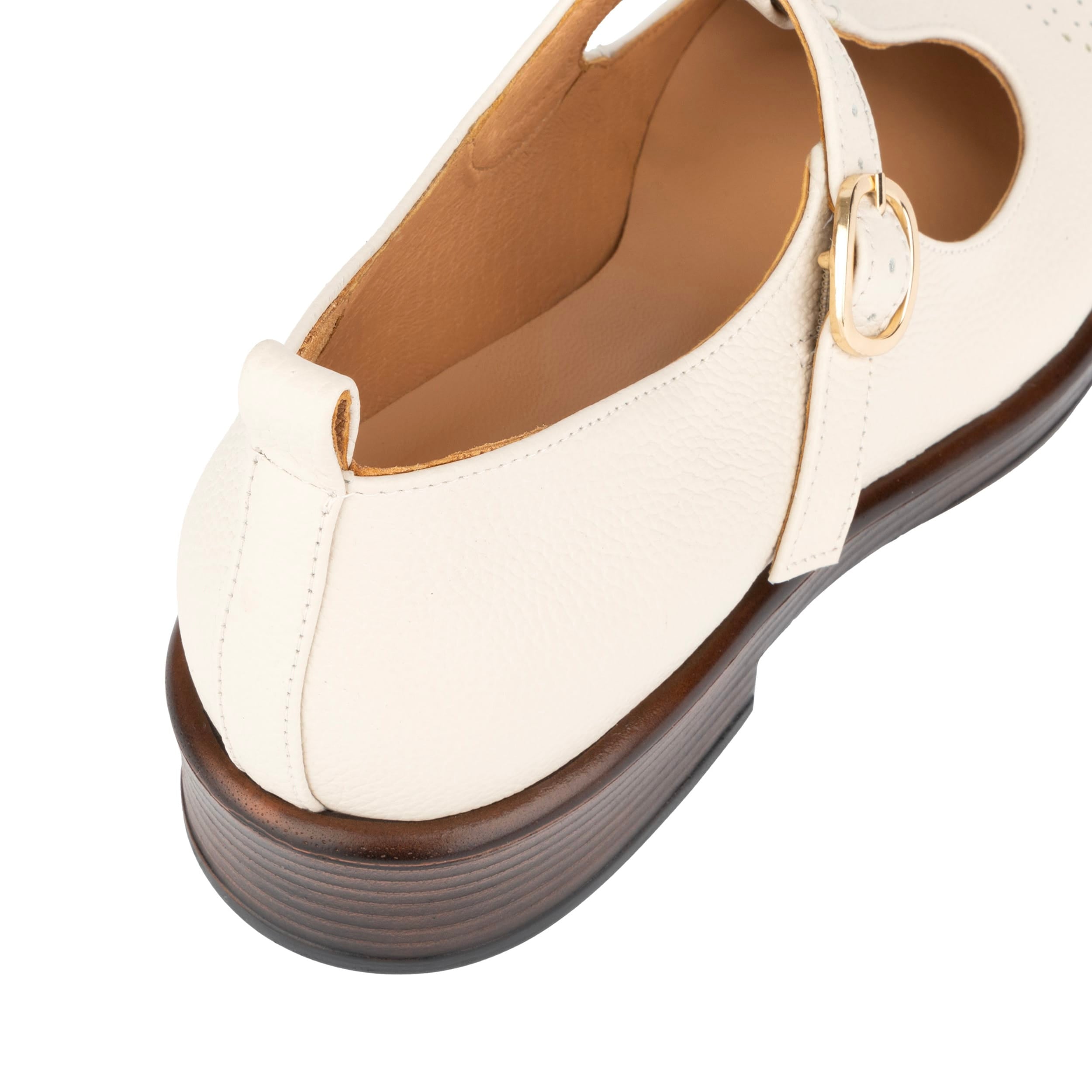 Bloom - Cream - Women's Textured Leather T-Bar Shoe with Brogue Detail