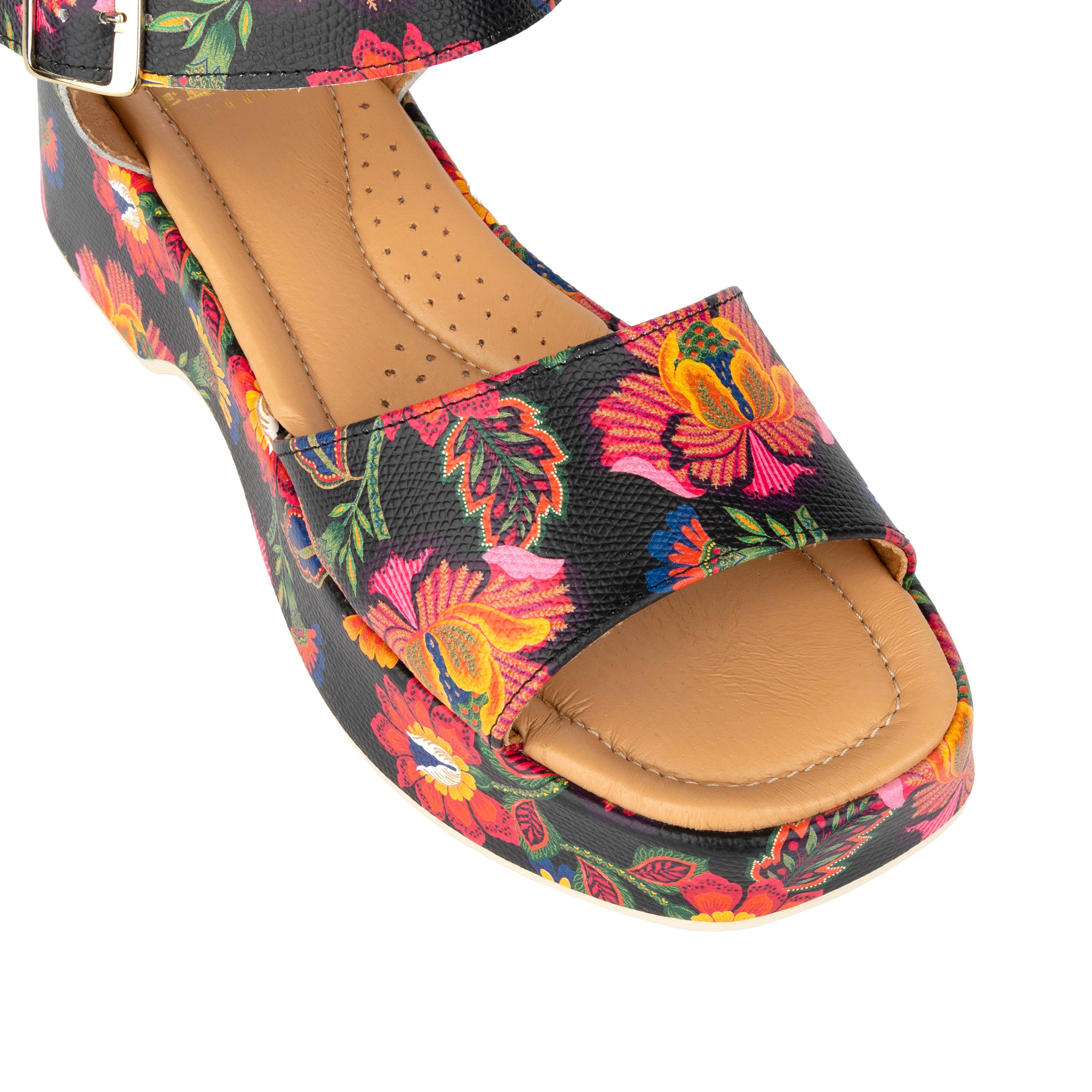 Palm Rise - Red Flowers - Women's Leather Platform Sandal