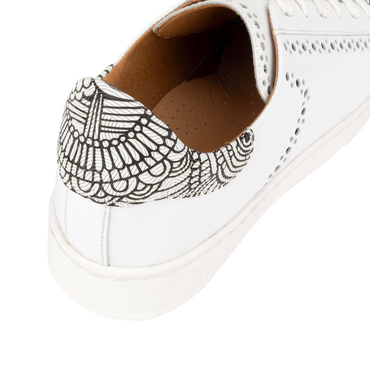 Serena - Black & White & Graphic Print - Women’s Leather Trainer with Brogue Details