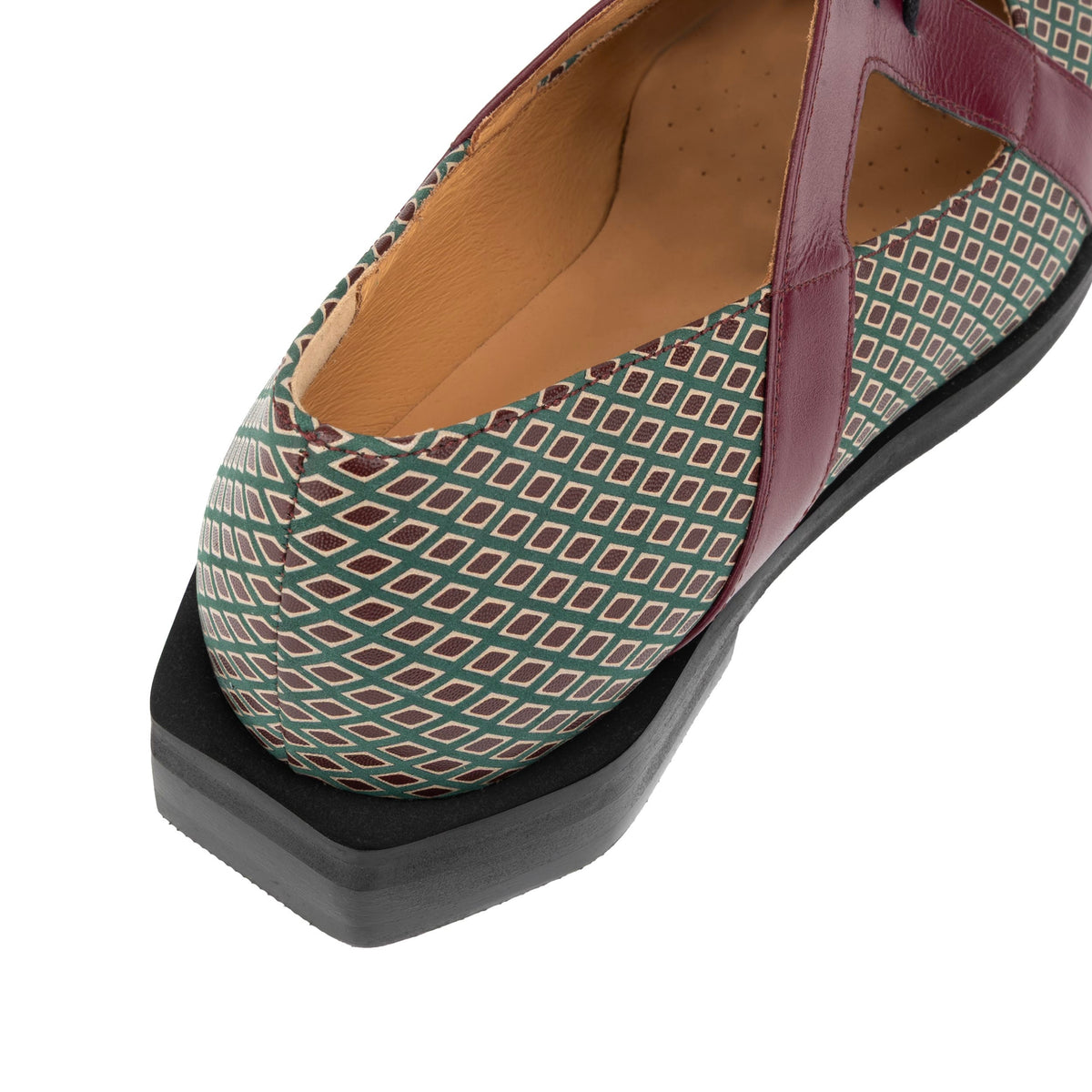 Harlowe - Burgundy & Green Diamond - Women's cutout leather lace up shoe