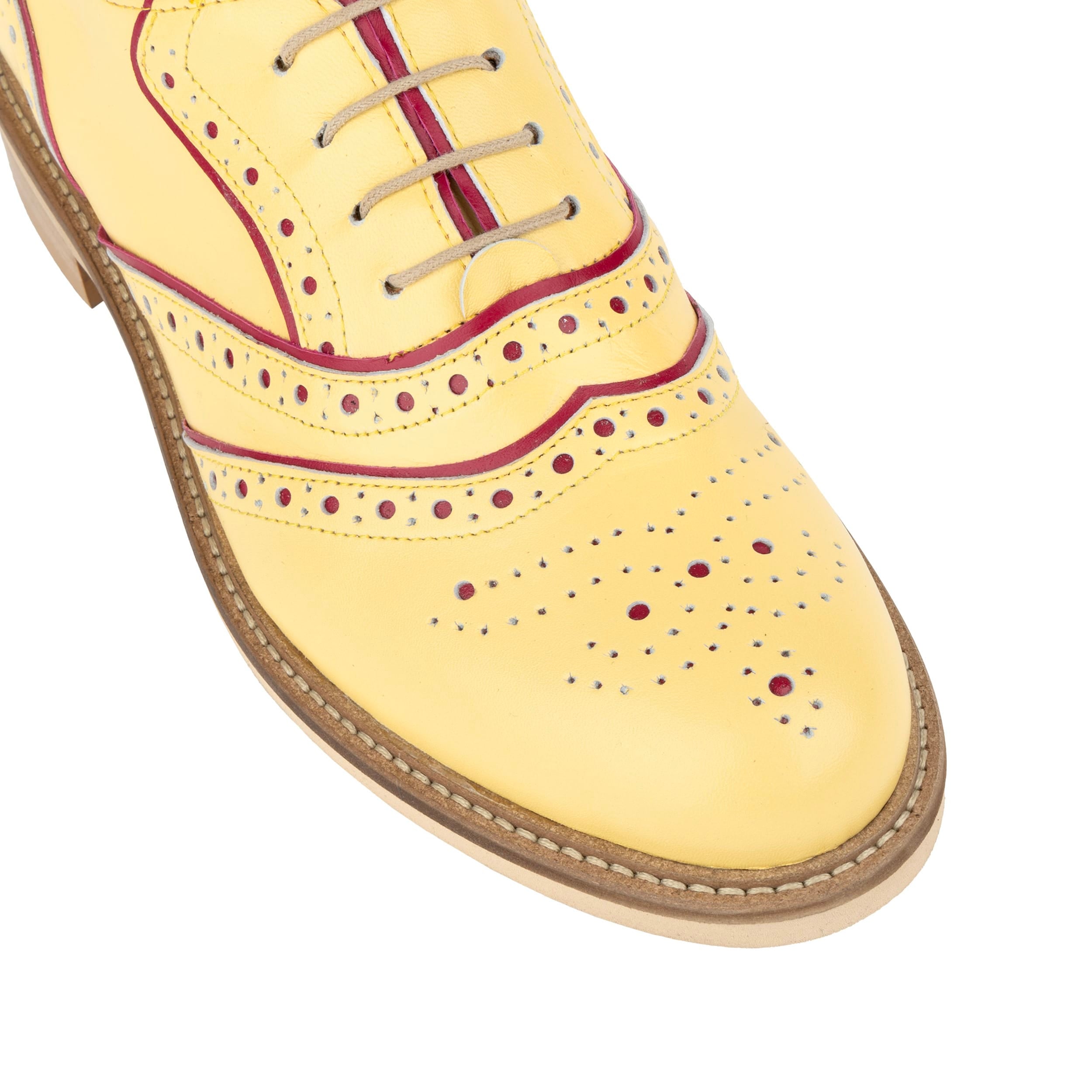 Brick Lane - Pastel Yellow - Women's contrast leather lace-up brogue