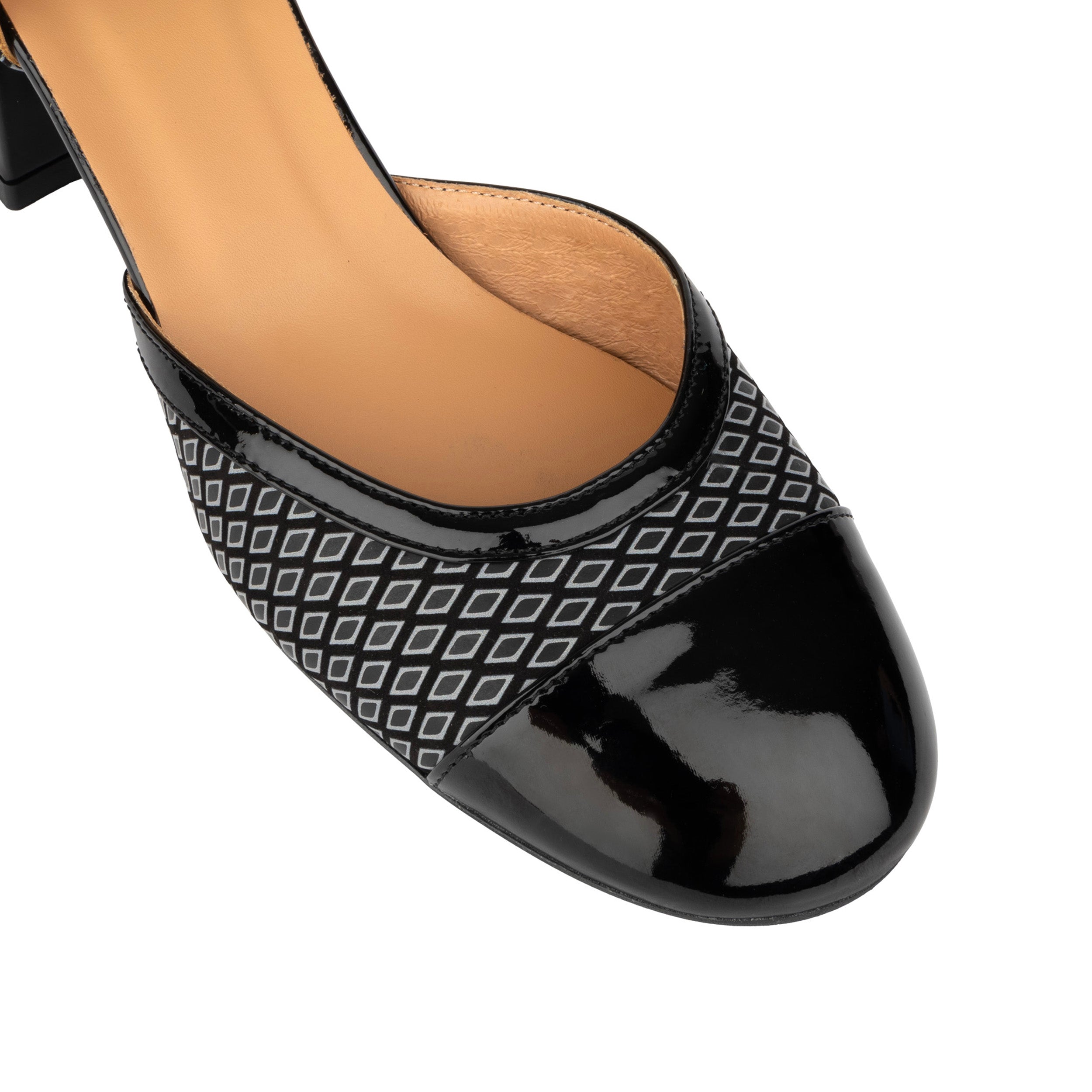 Kemi -  Black & Grey Diamonds - Women's Leather Almond-Toe Block Heel