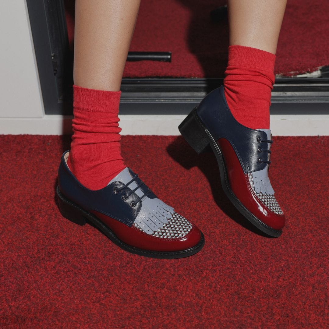 Retro Tone - Navy & Burgundy & Light Blue Diamonds - Women's leather lace-up with signature kiltie detail